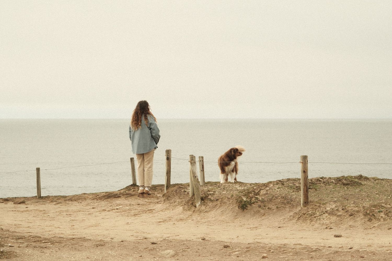 Woman and brown dog standing near wooden fence posts overlooking calm ocean on overcast day.