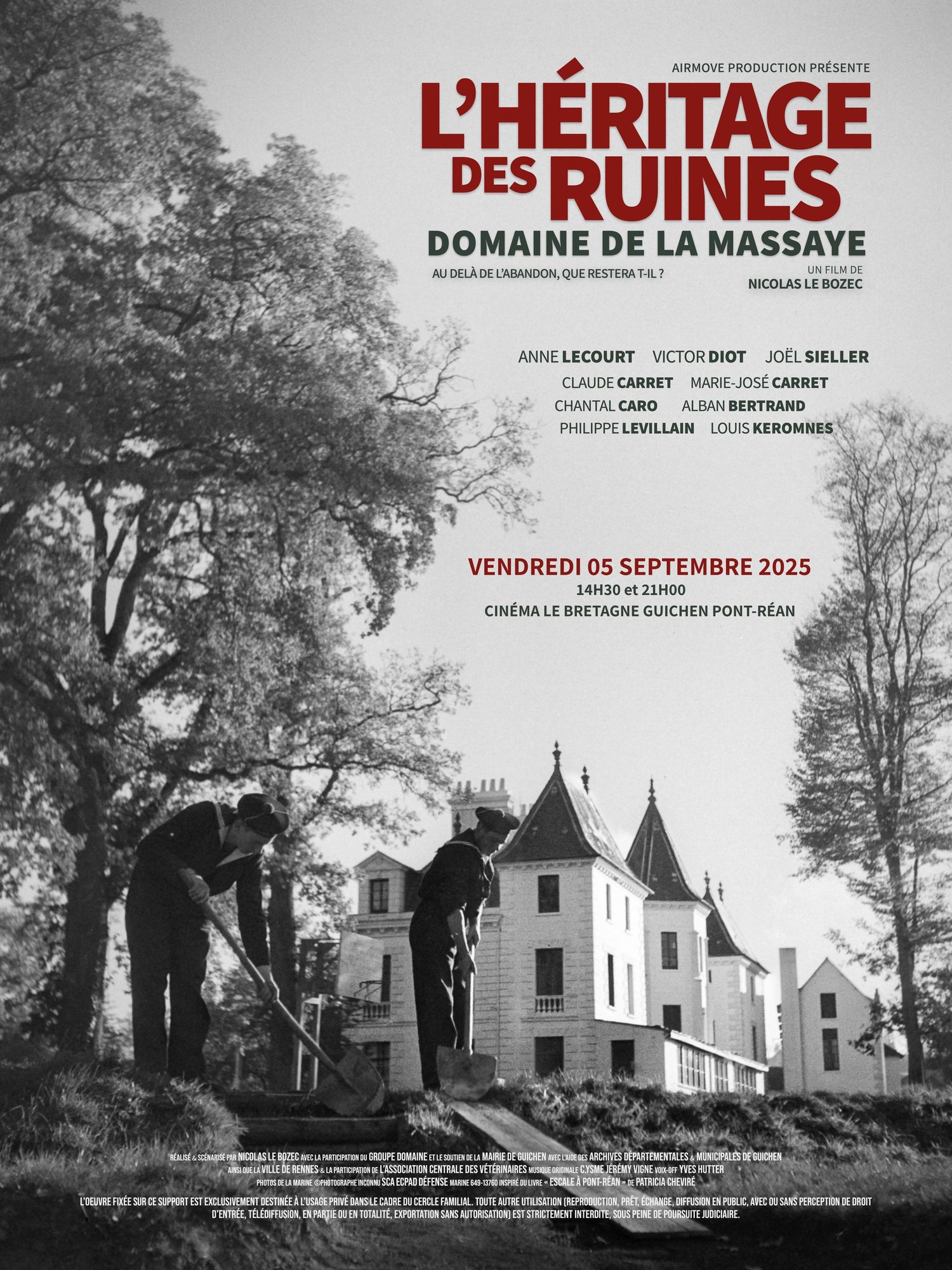 French film poster for L'Heritage des Ruines, Domaine de la Massaye, screening September 5, 2025.