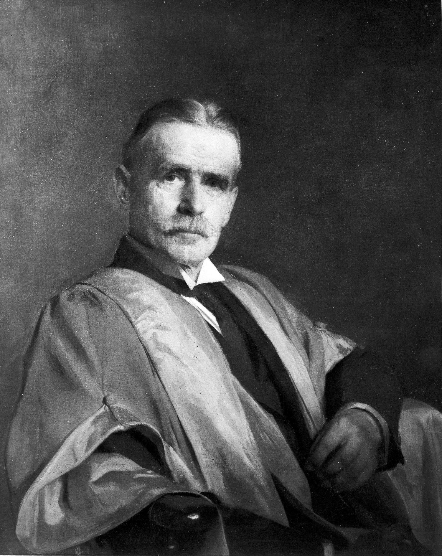 Black and white portrait painting of an elderly distinguished gentleman in academic robes.