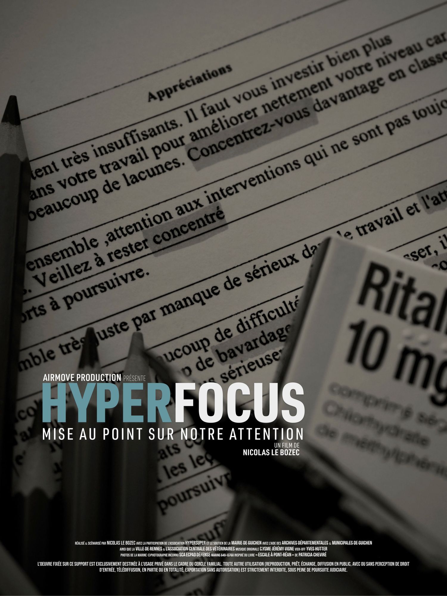 French documentary film poster for HyperFocus featuring Ritalin medication and school papers with pencils.