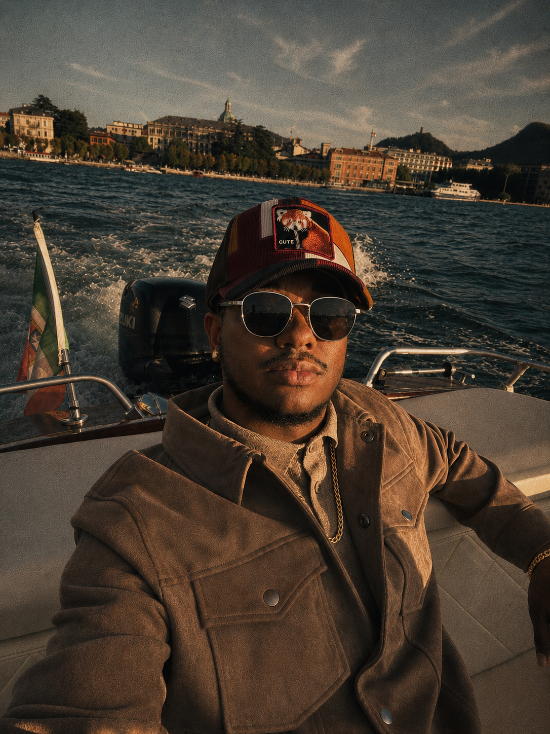 Man in sunglasses and red cap rides a speedboat on a lake with a scenic European town in the background.