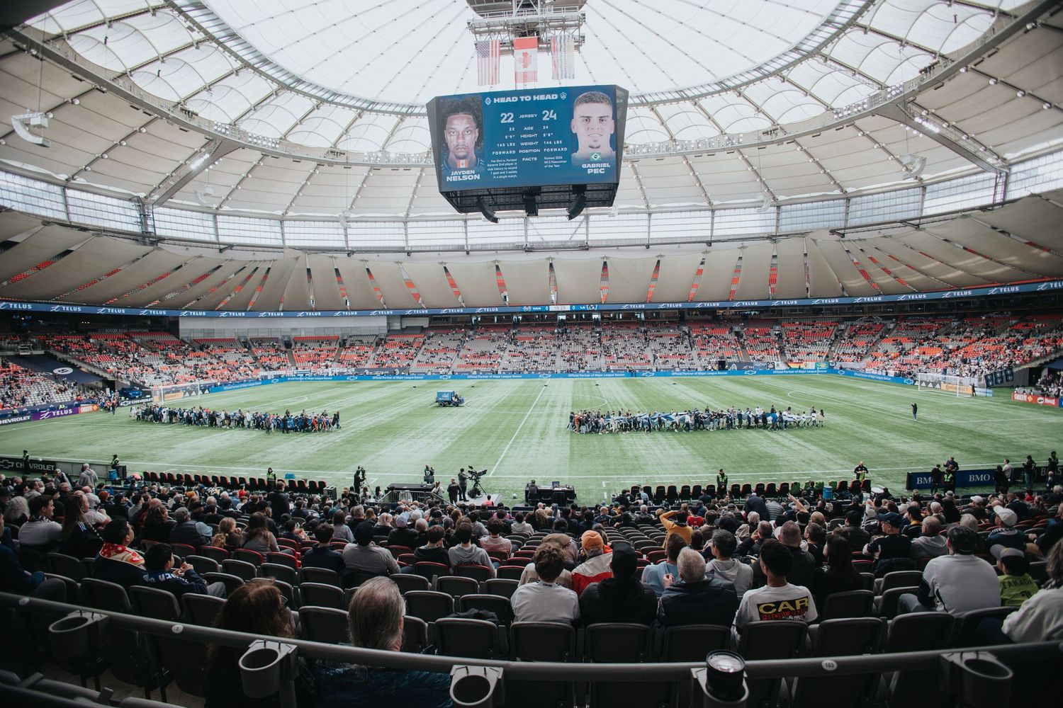 Interior view of BC Place stadium during soccer match with crowd in attendance.