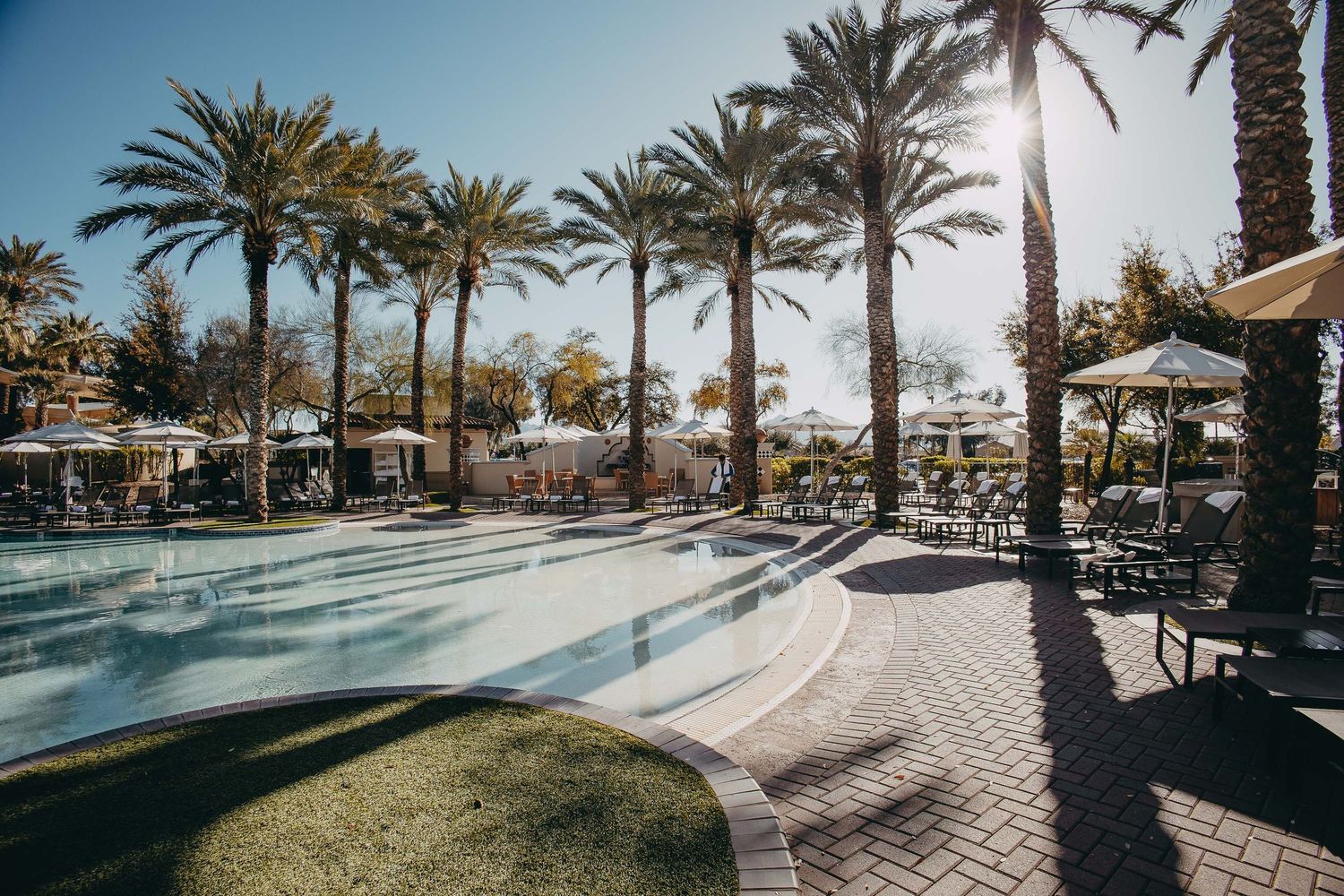 Palm tree lined resort walkway with airplane flying overhead against blue sky.