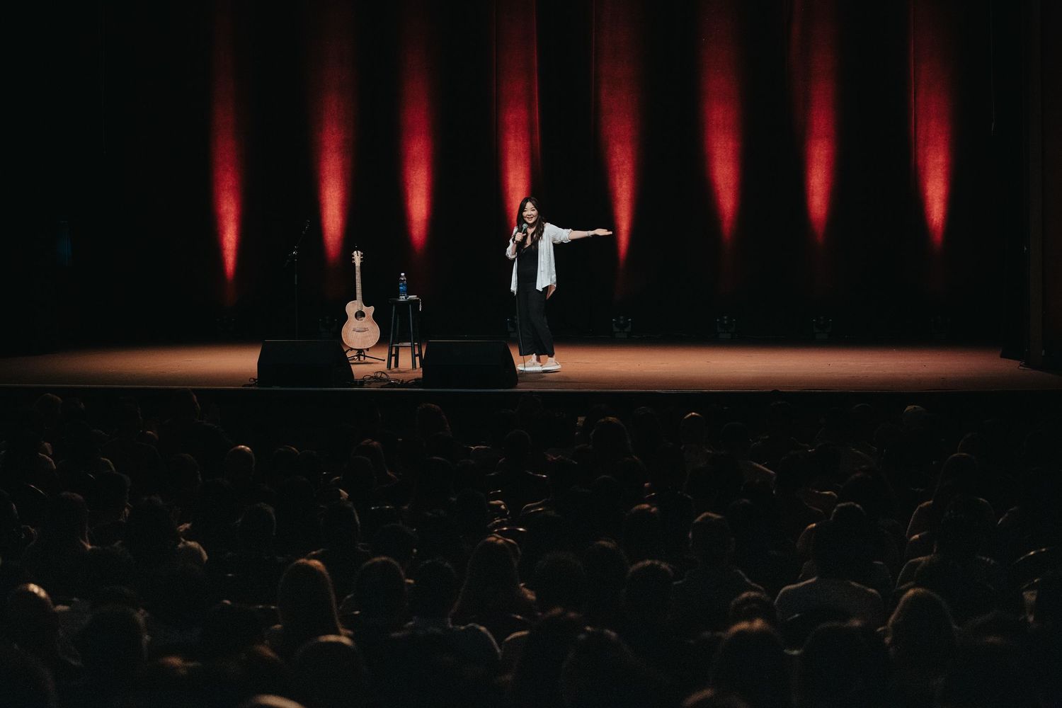 Performer on stage with guitar, red curtain backdrop, and large audience in darkened concert hall.