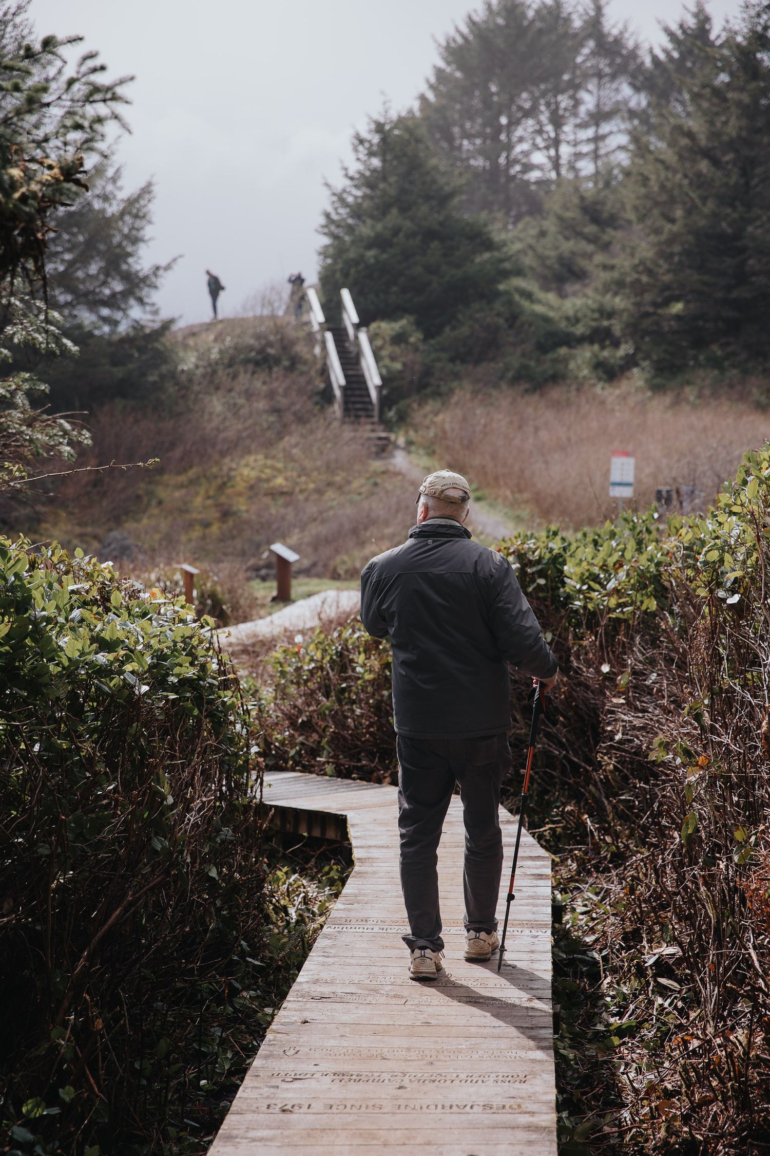 Wooden boardwalk winding through coastal vegetation on an overcast day.