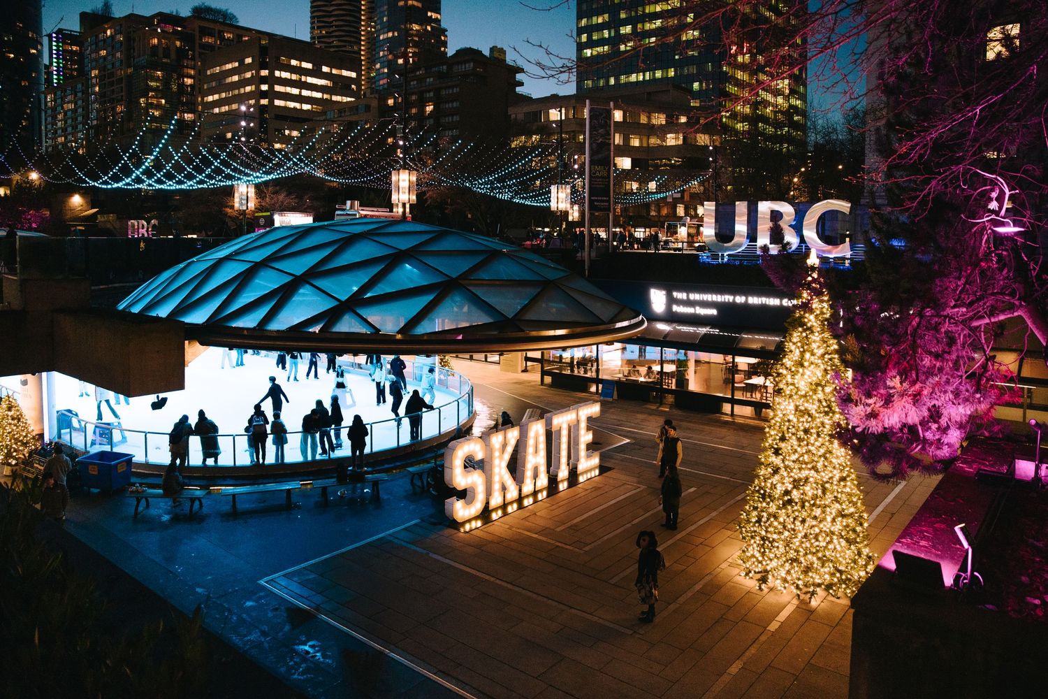 Urban ice skating rink lit up at night with Christmas trees and festive lighting.