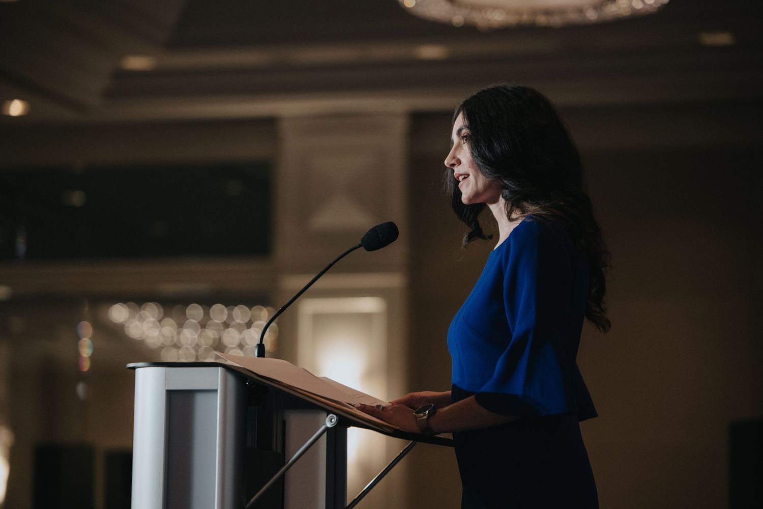 A speaker stands at a podium in a dimly lit conference room delivering a presentation.