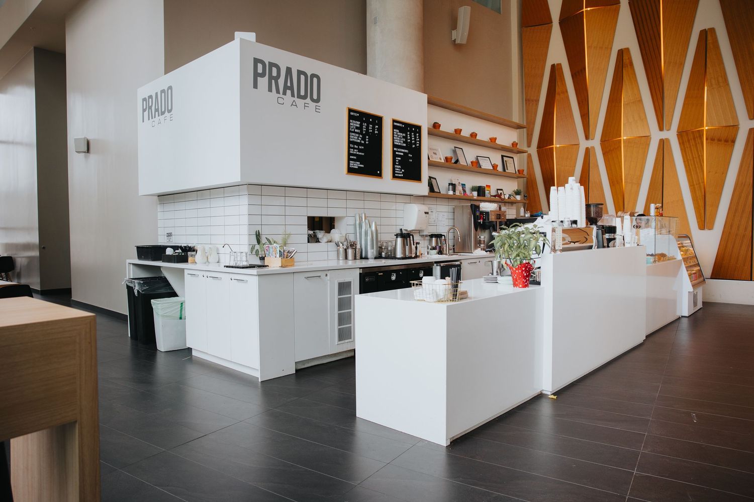 Modern white retail interior with minimalist design and wood accents.