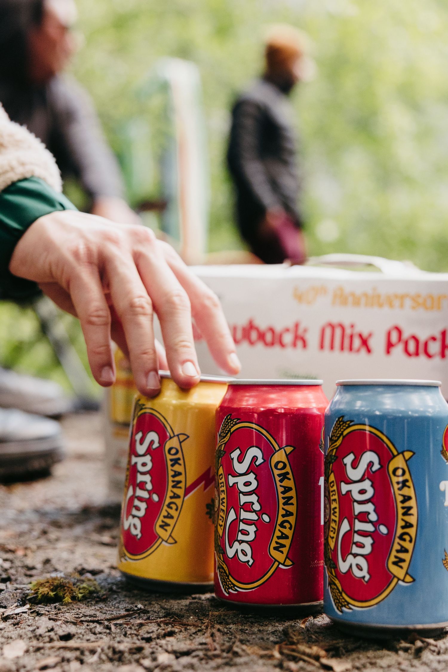 Colorful Spring Valley soda cans arranged in a row on a rocky outdoor surface.