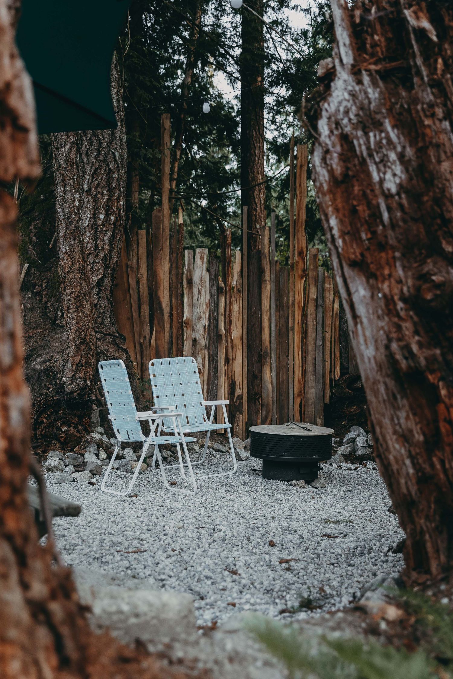 White folding chairs and fire pit nestled between tall trees in a forest setting.