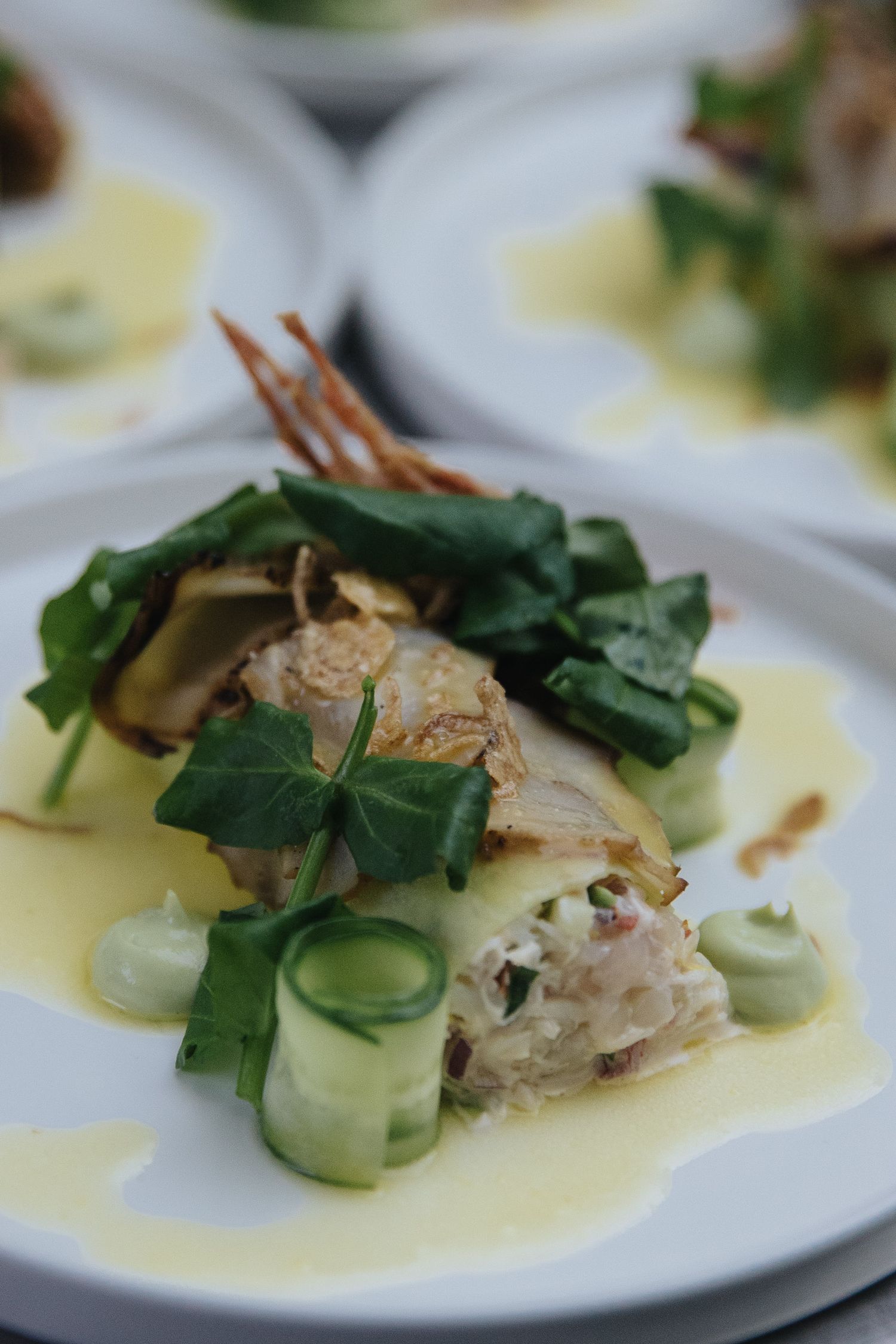 Elegantly plated fish dish with cucumber garnish and yellow sauce on white plate.