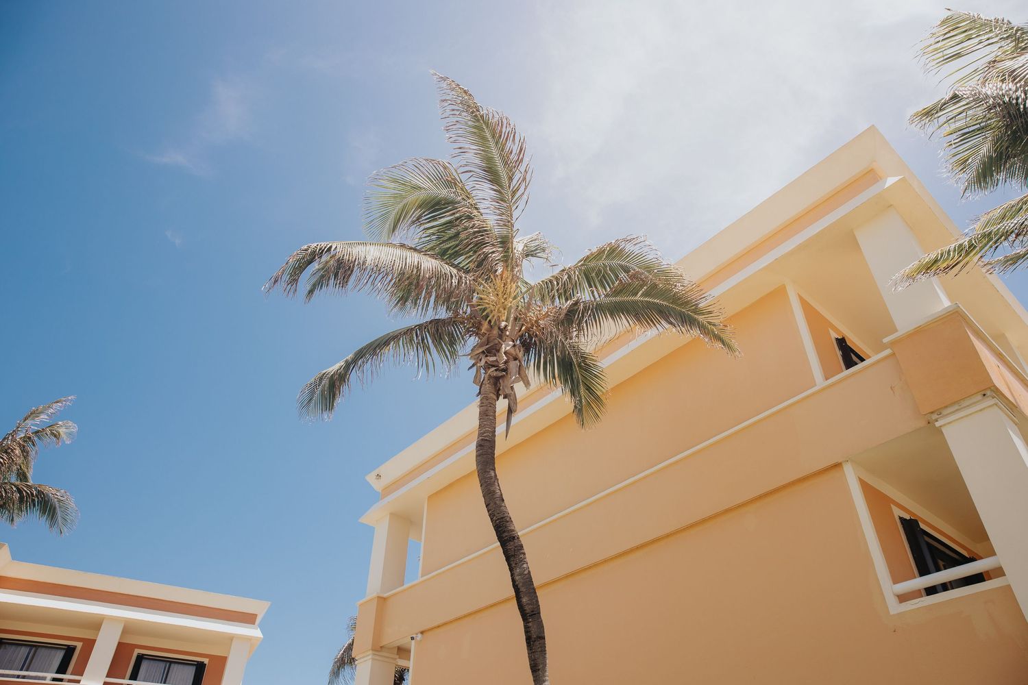 Beachfront resort architecture featuring peach-colored buildings and swaying palm trees.