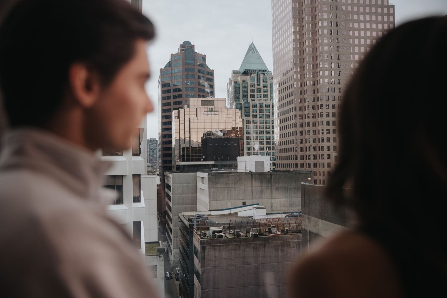 Urban skyline view featuring modern skyscrapers and city architecture.