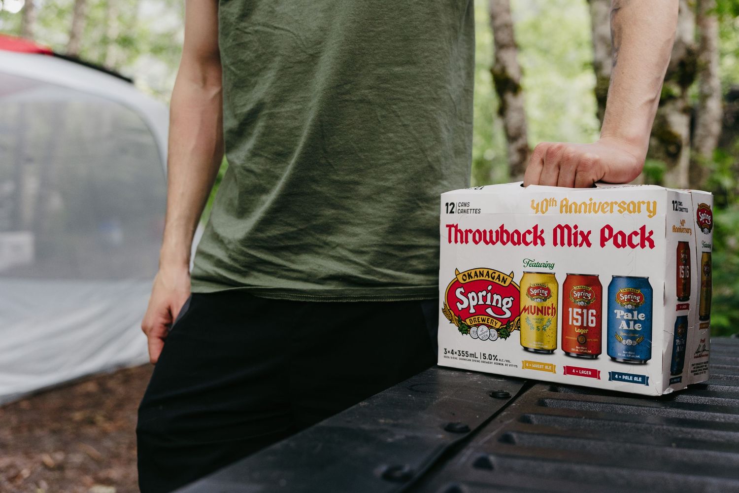 Display of Spring throwback mix pack beverages in outdoor setting.