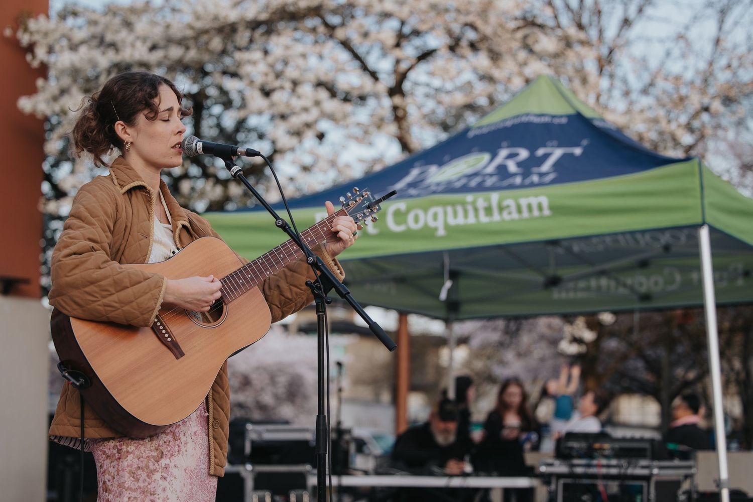 Musician performing under green tent during outdoor cherry blossom festival.