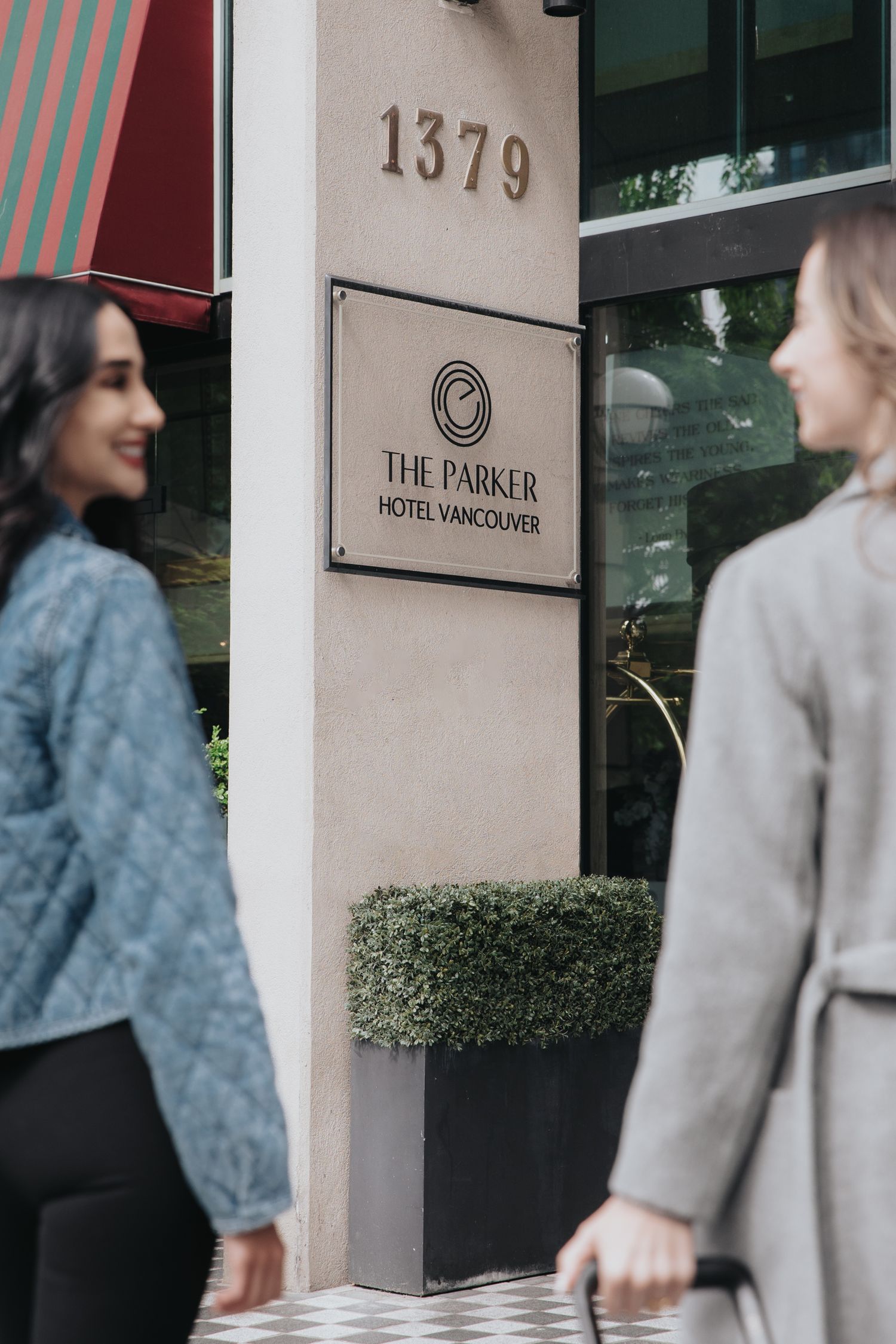 Exterior signage showing The Parker hotel address number 1379 in Vancouver.
