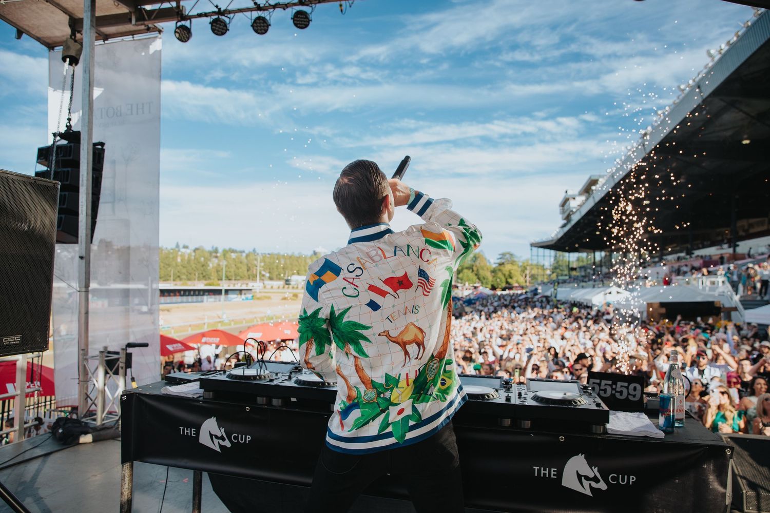 DJ performing on outdoor stage before large crowd at sunny music festival event.