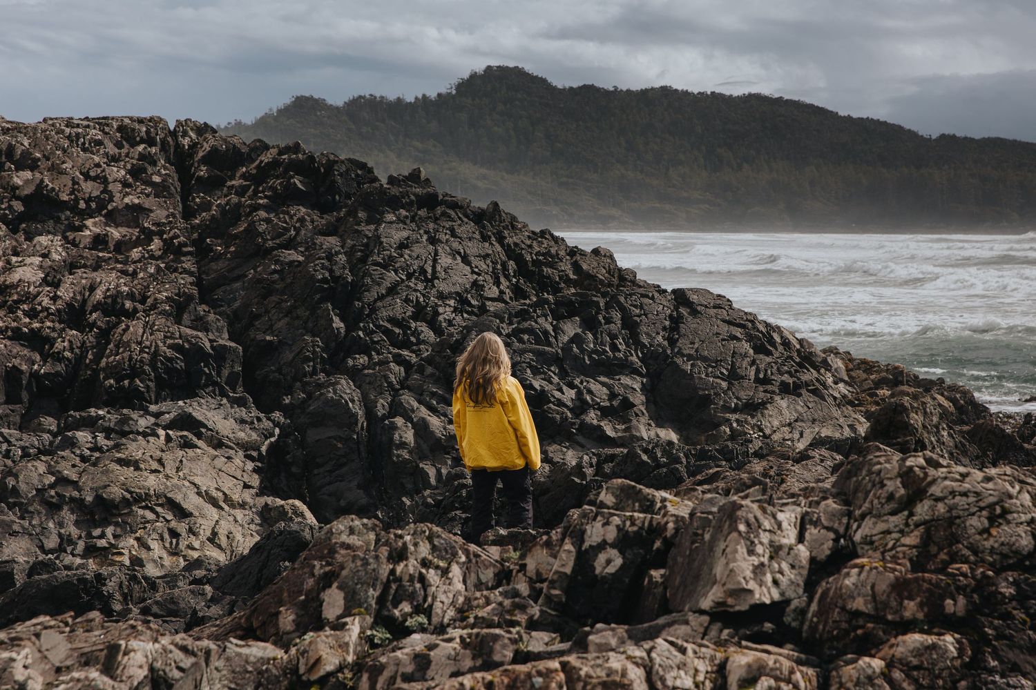 Dramatic rocky coastline with mountains and stormy clouds in the background.