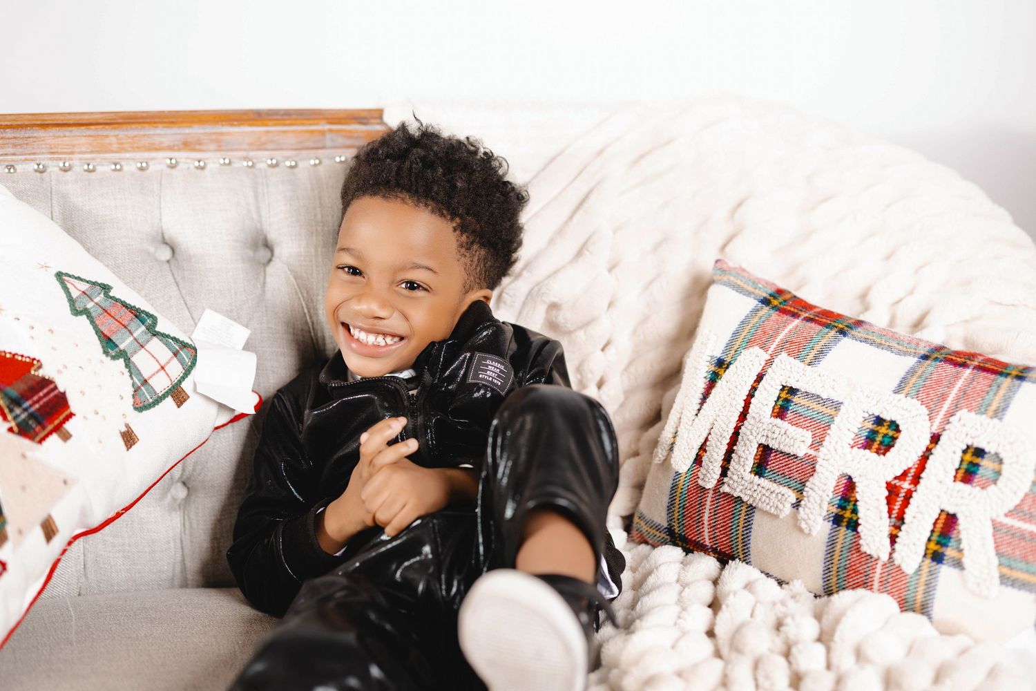 A series of joyful candid moments captured against a white interior background.