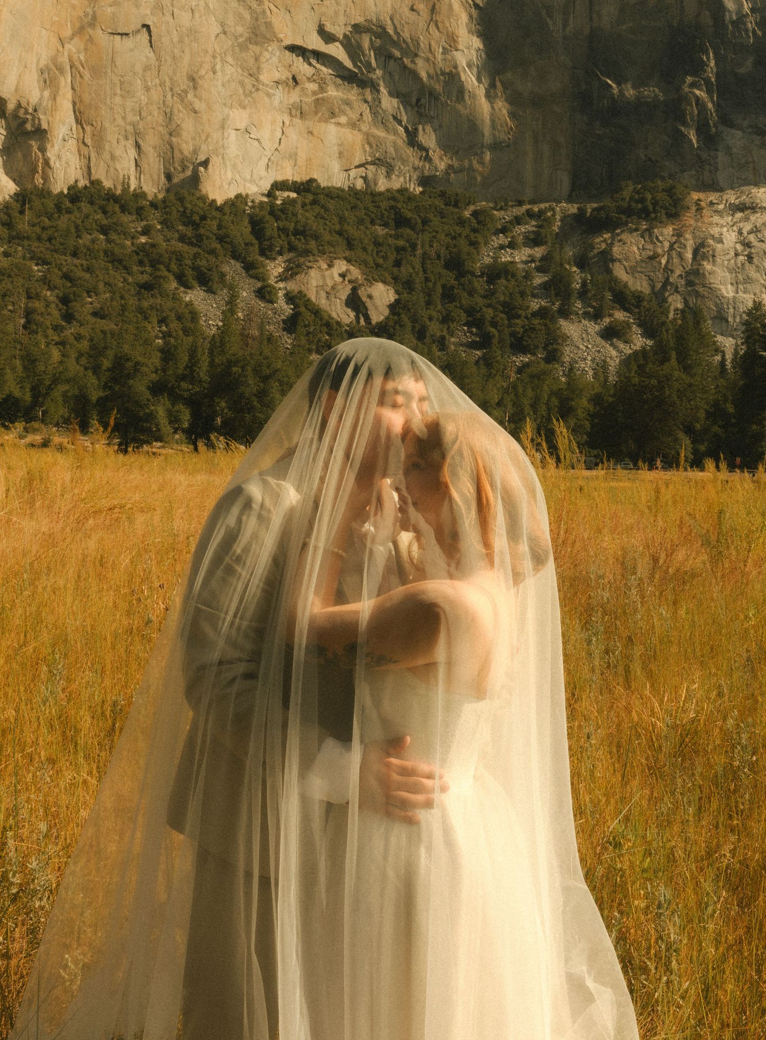 Two brides share a kiss under a flowing veil in a golden meadow with dramatic rocky cliffs behind them.