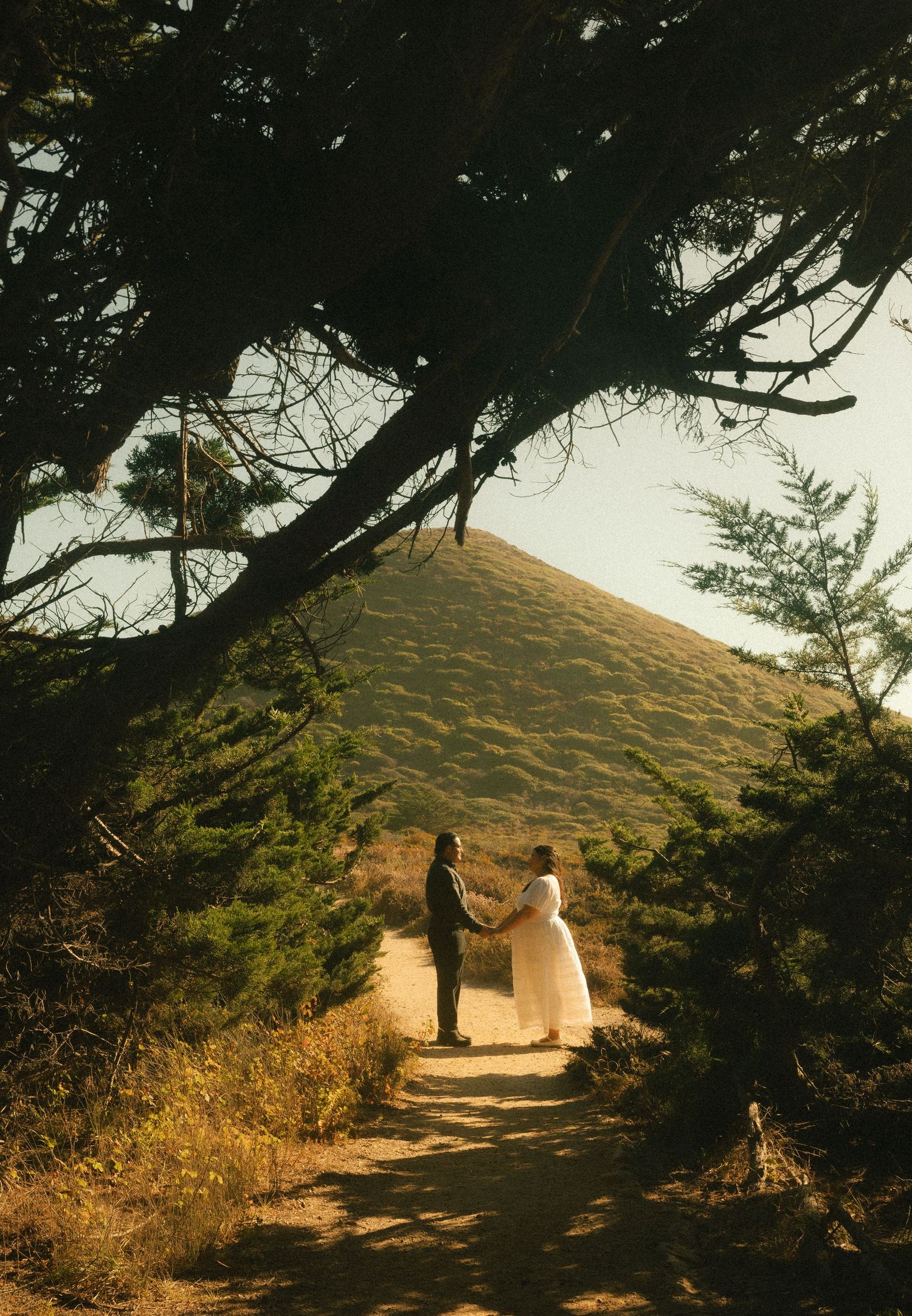Couple exchanging vows on a scenic dirt path framed by trees, with a golden hillside backdrop.