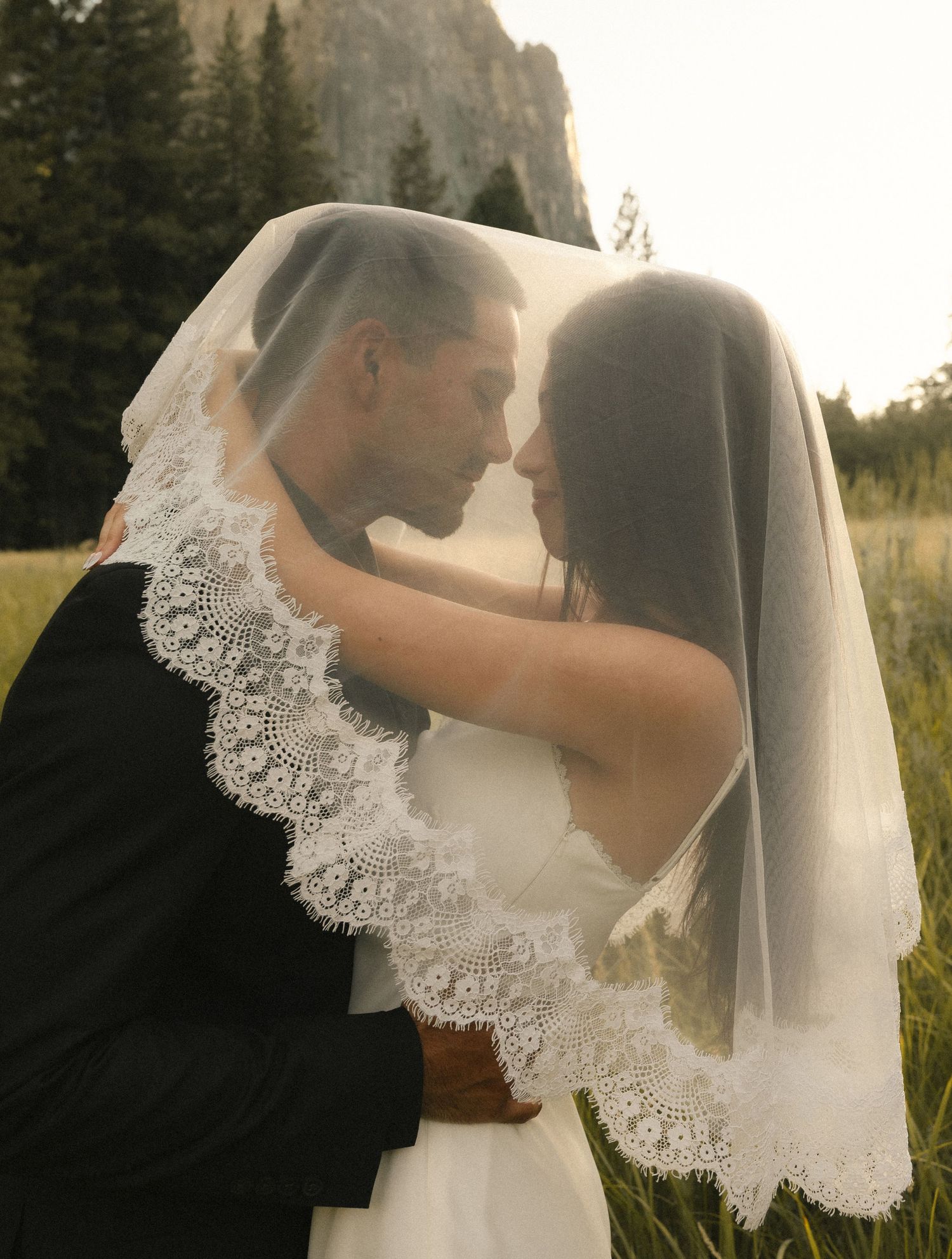 A bride and groom share an intimate moment under a lace-trimmed wedding veil in a scenic outdoor setting.