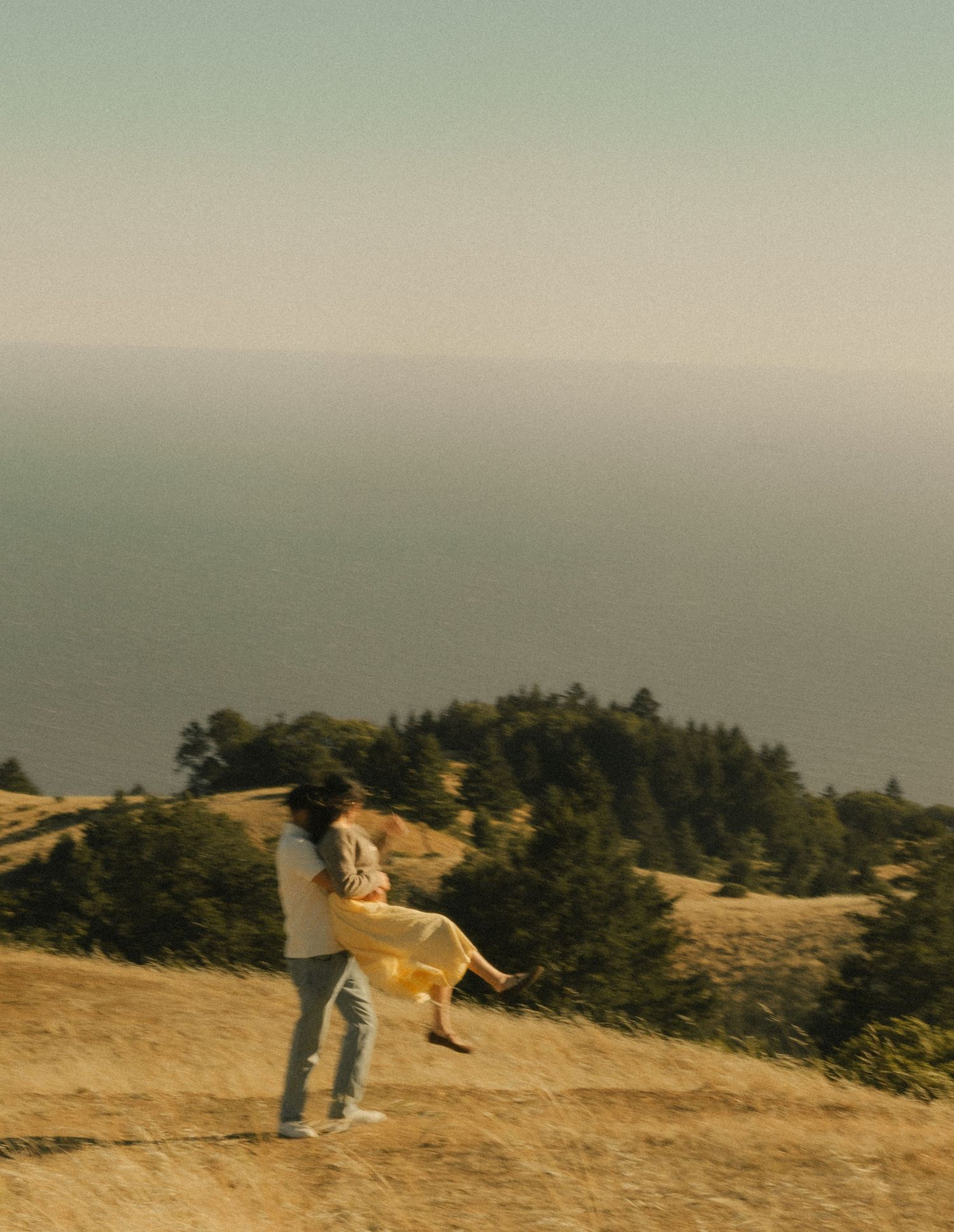 Couple embracing on golden hillside with ocean view and evergreen trees in warm, hazy light.