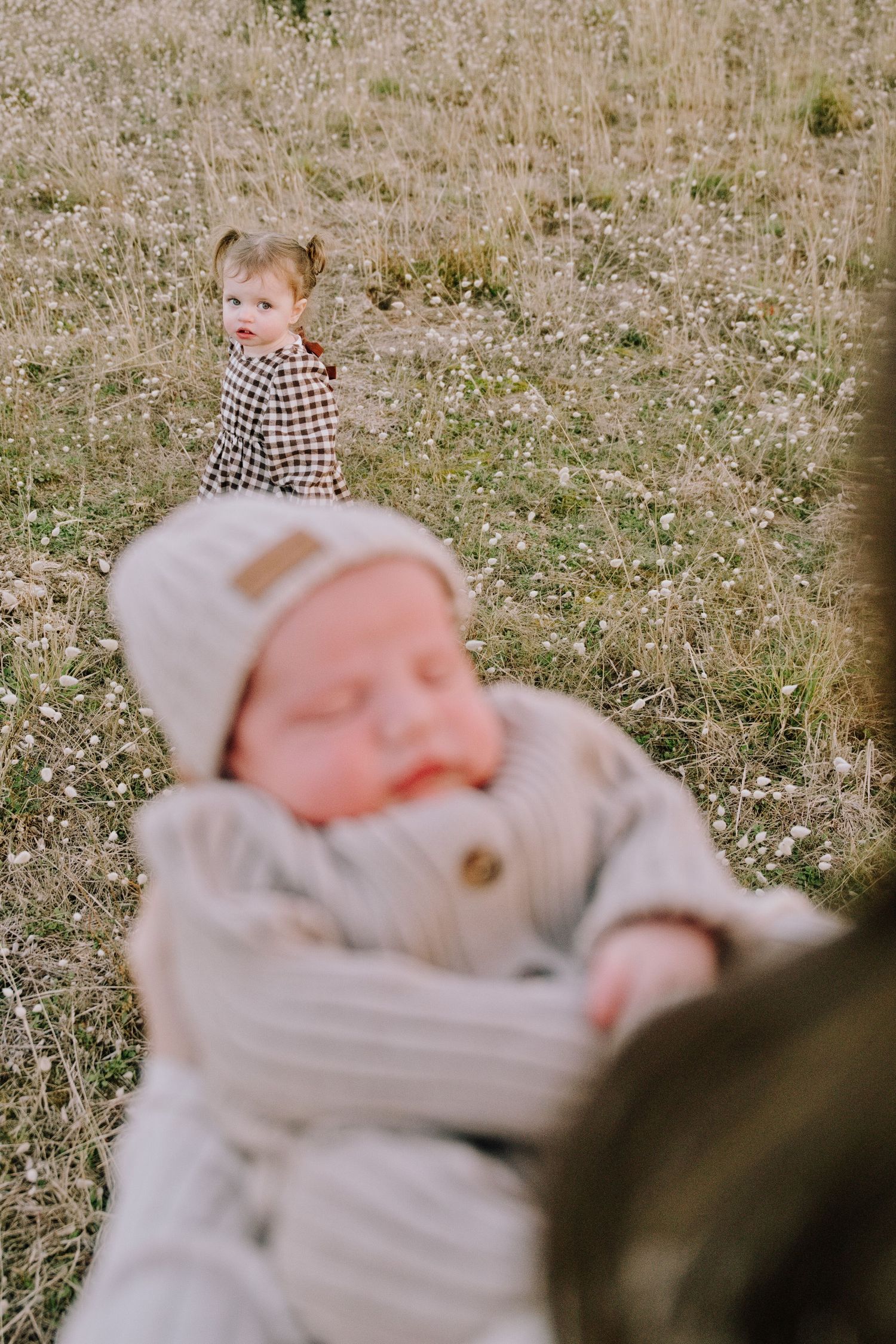 A sleeping newborn in gray knit outfit lies in foreground while a toddler in plaid stands in a wildflower field.