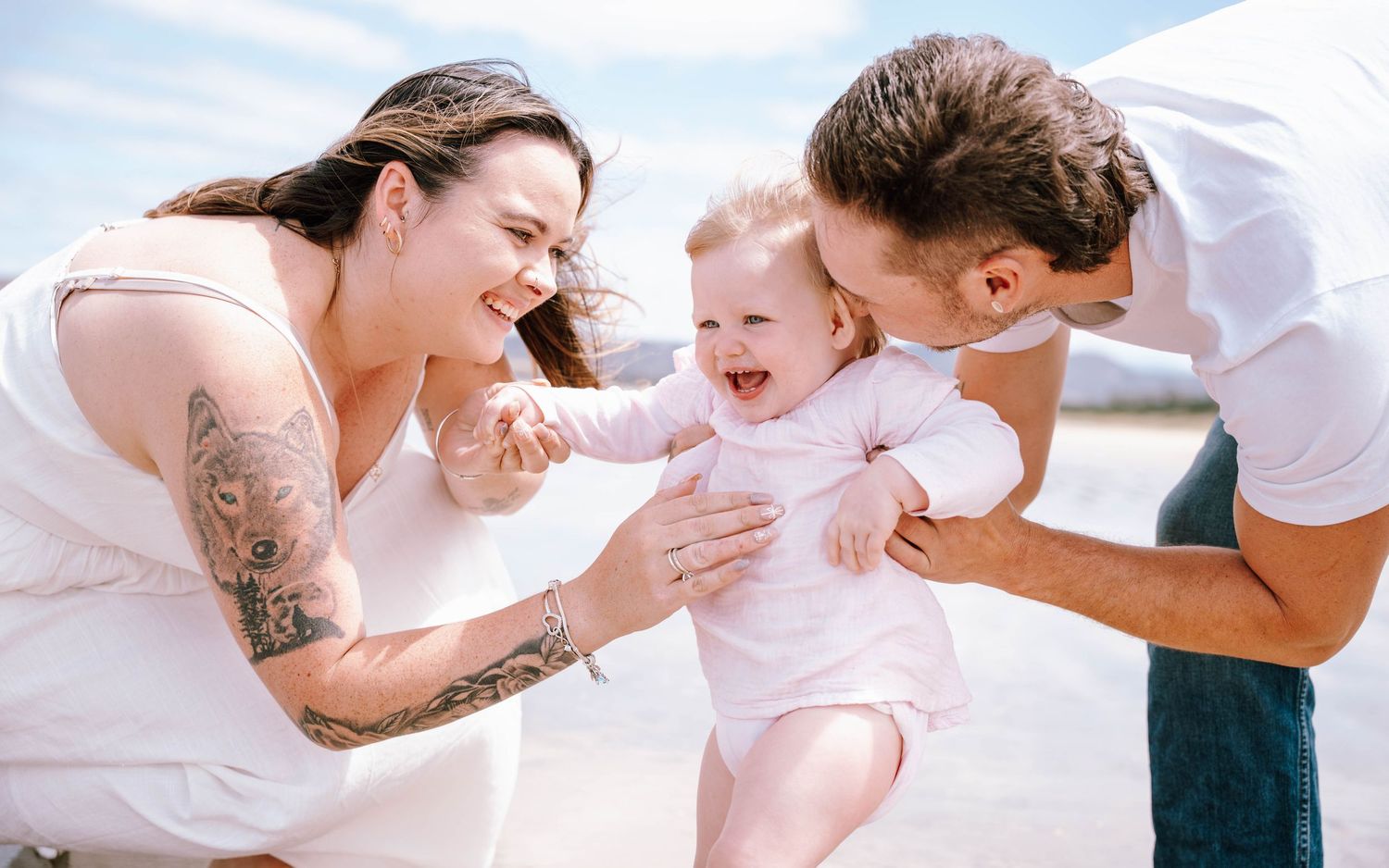 A series of candid lifestyle photos showing tender moments between parents and their baby.