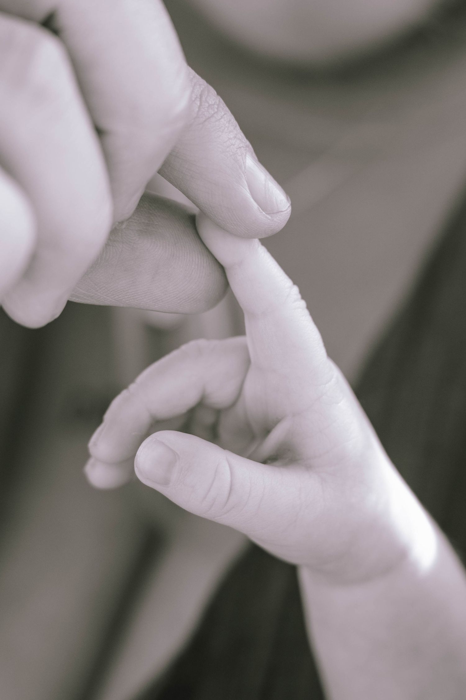 Black and white close-up of a baby's tiny hand touching an adult's finger, symbolizing family bond.