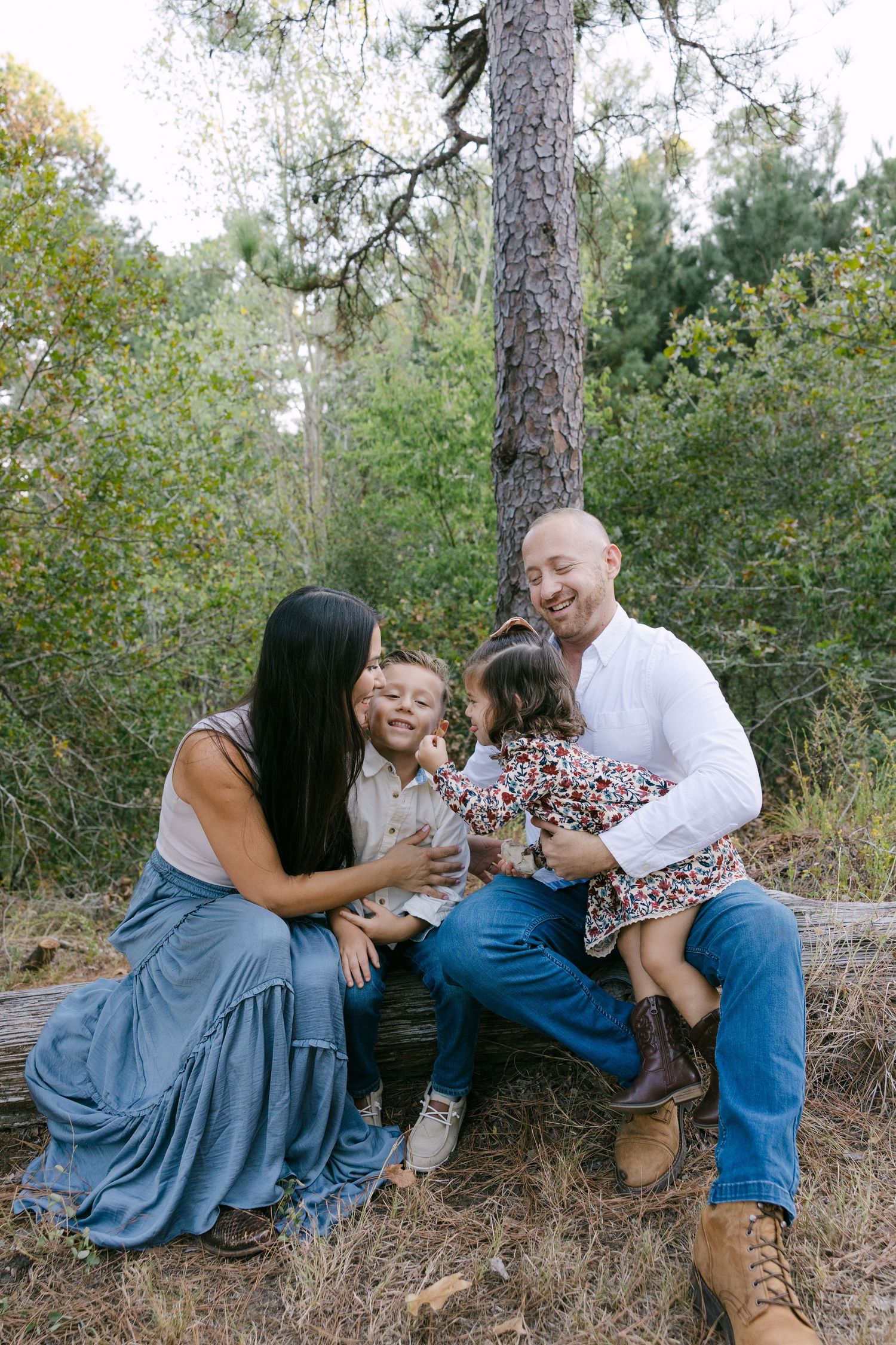 Happy family of four sitting on a log in a pine forest, parents smiling at their two young children.