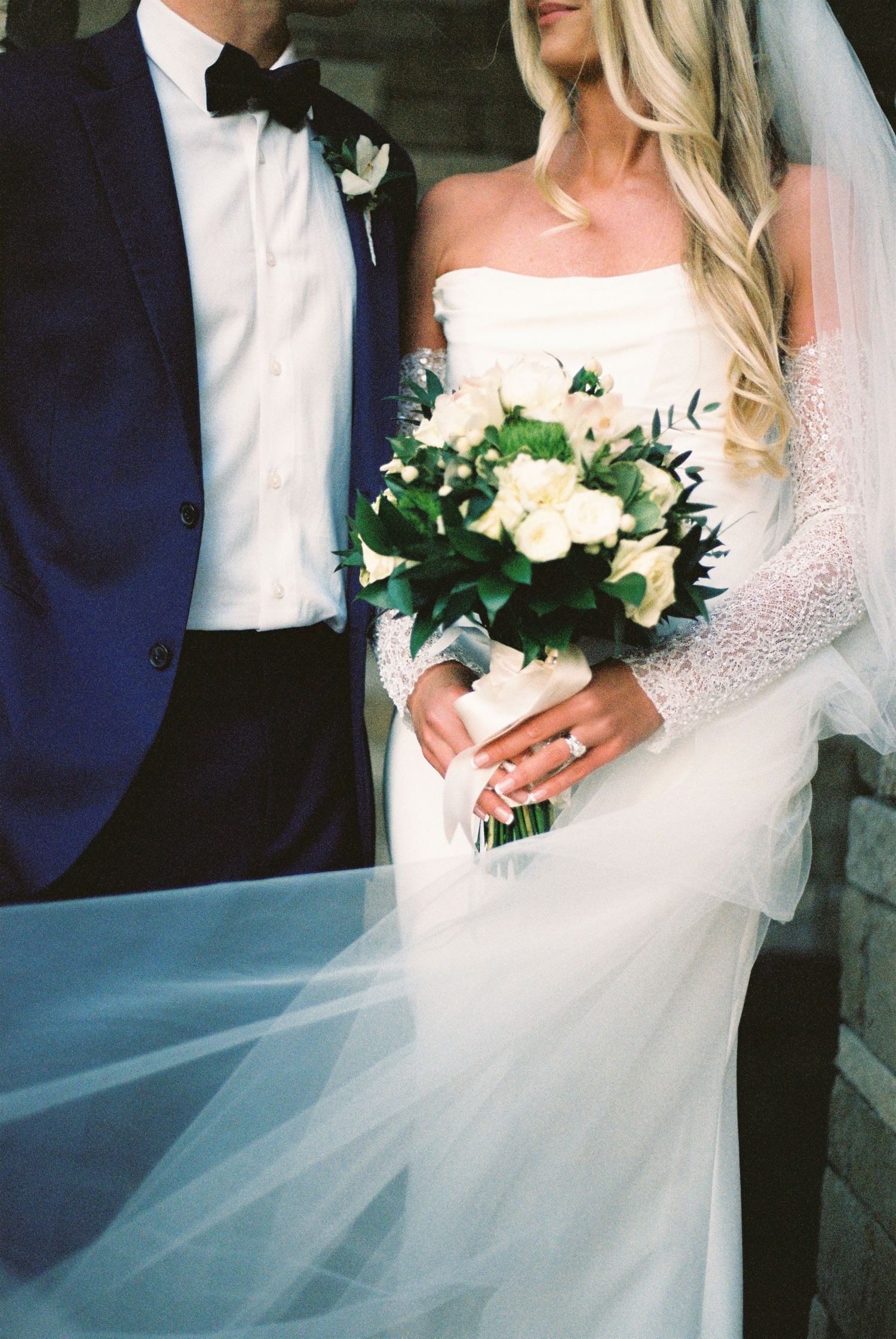 film photograph of bride and groom, faceless wedding photo of bridal bouquet on 35mm film in Austin, Texas