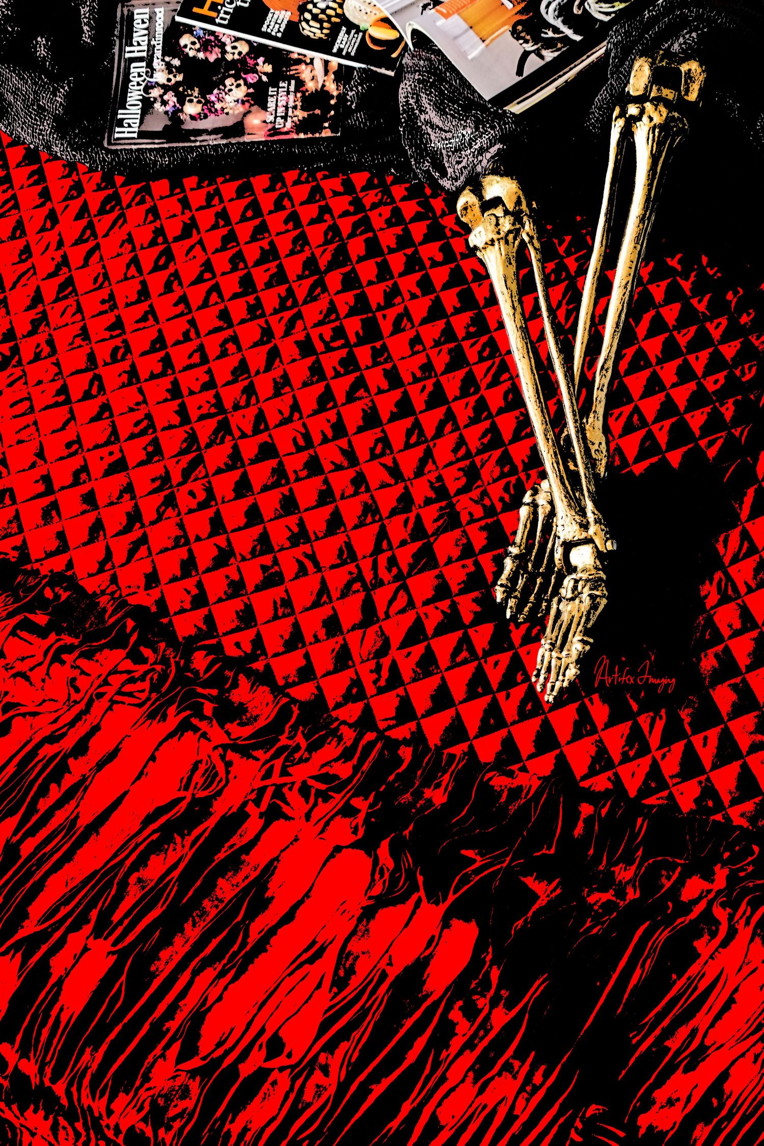 Golden Opportunity series; image featuring a gold skeleton's legs lounging in a blood-red bed taken by Artifex Imaging in Bakersfield, CA.