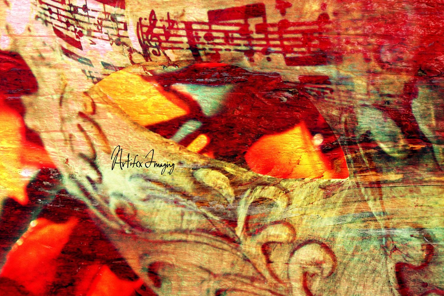 Abstract musical notes on textured red and yellow background with artistic effects.