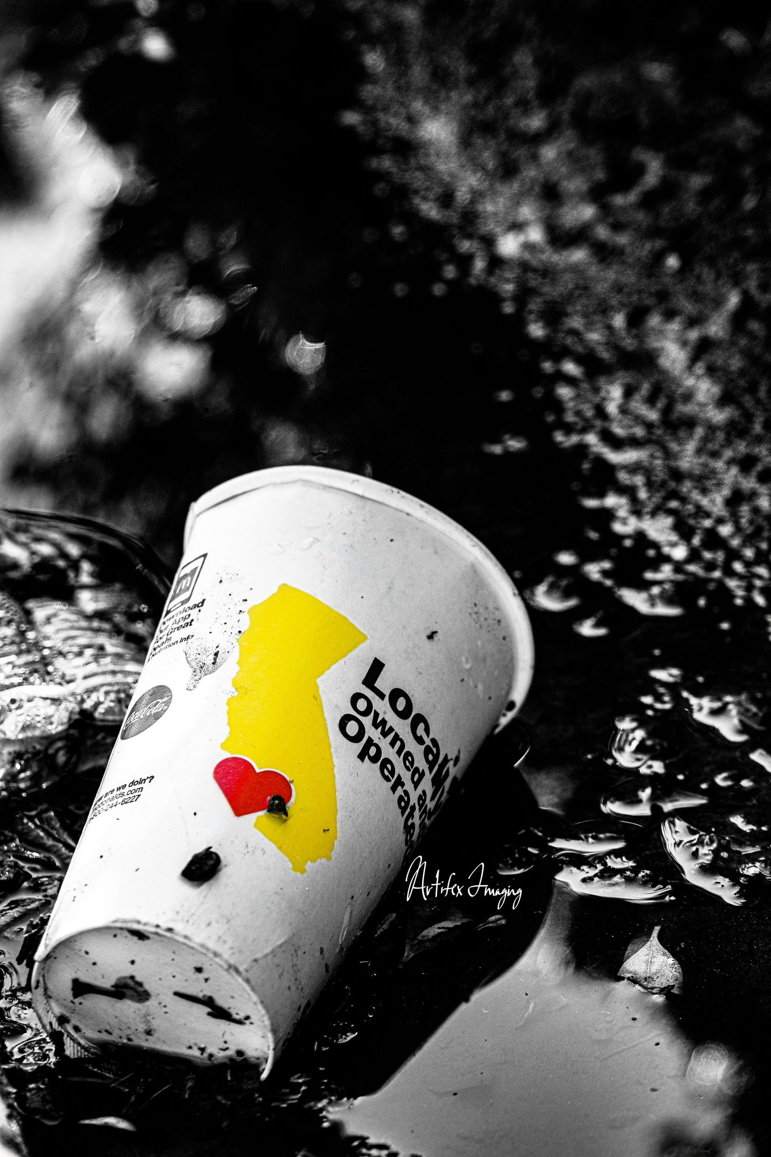 California Love series; image featuring a discarded fast-food cup in a muddy puddle taken by Artifex Imaging in Bakersfield, CA.