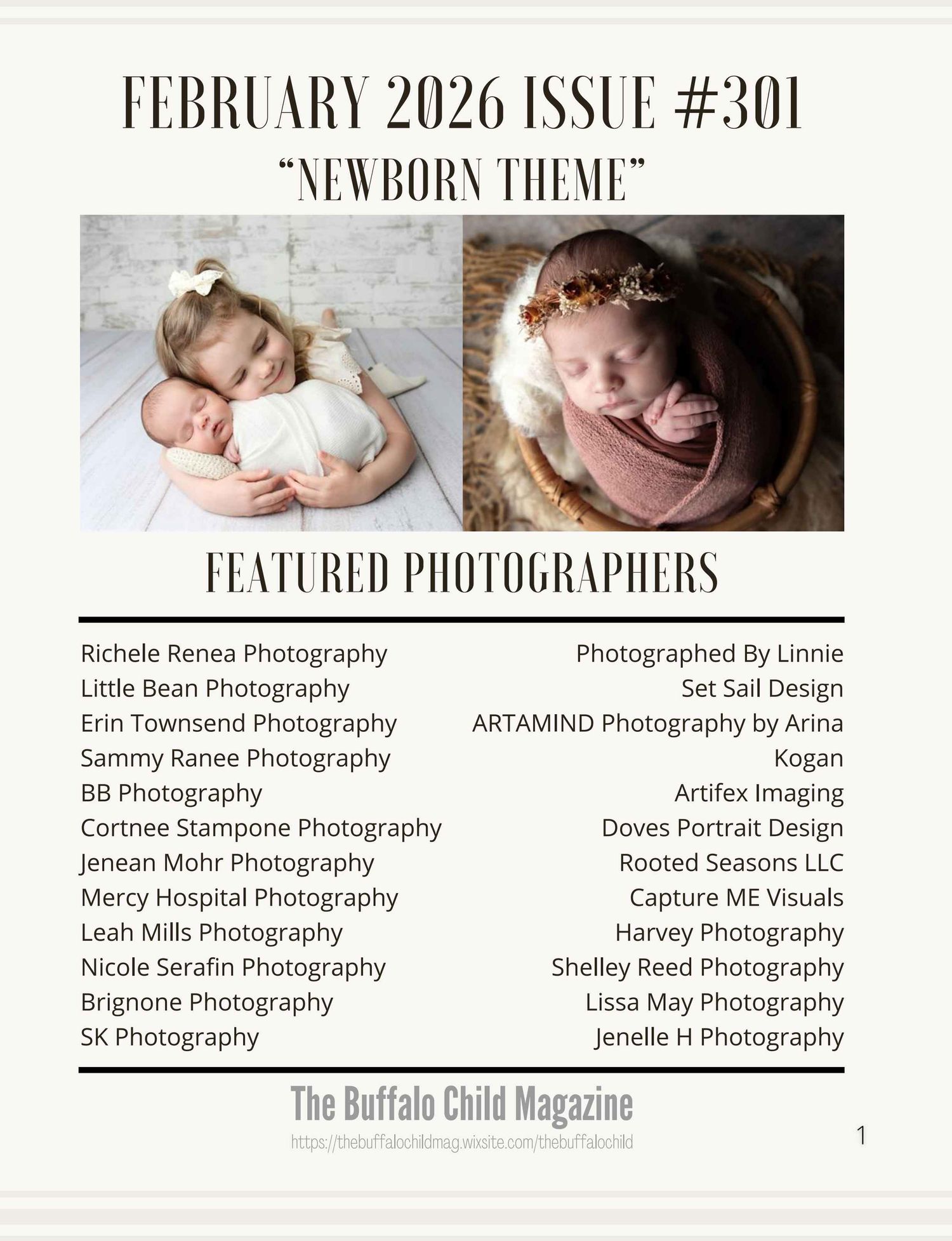 Magazine cover layout featuring newborn photography theme and list of featured photographers.