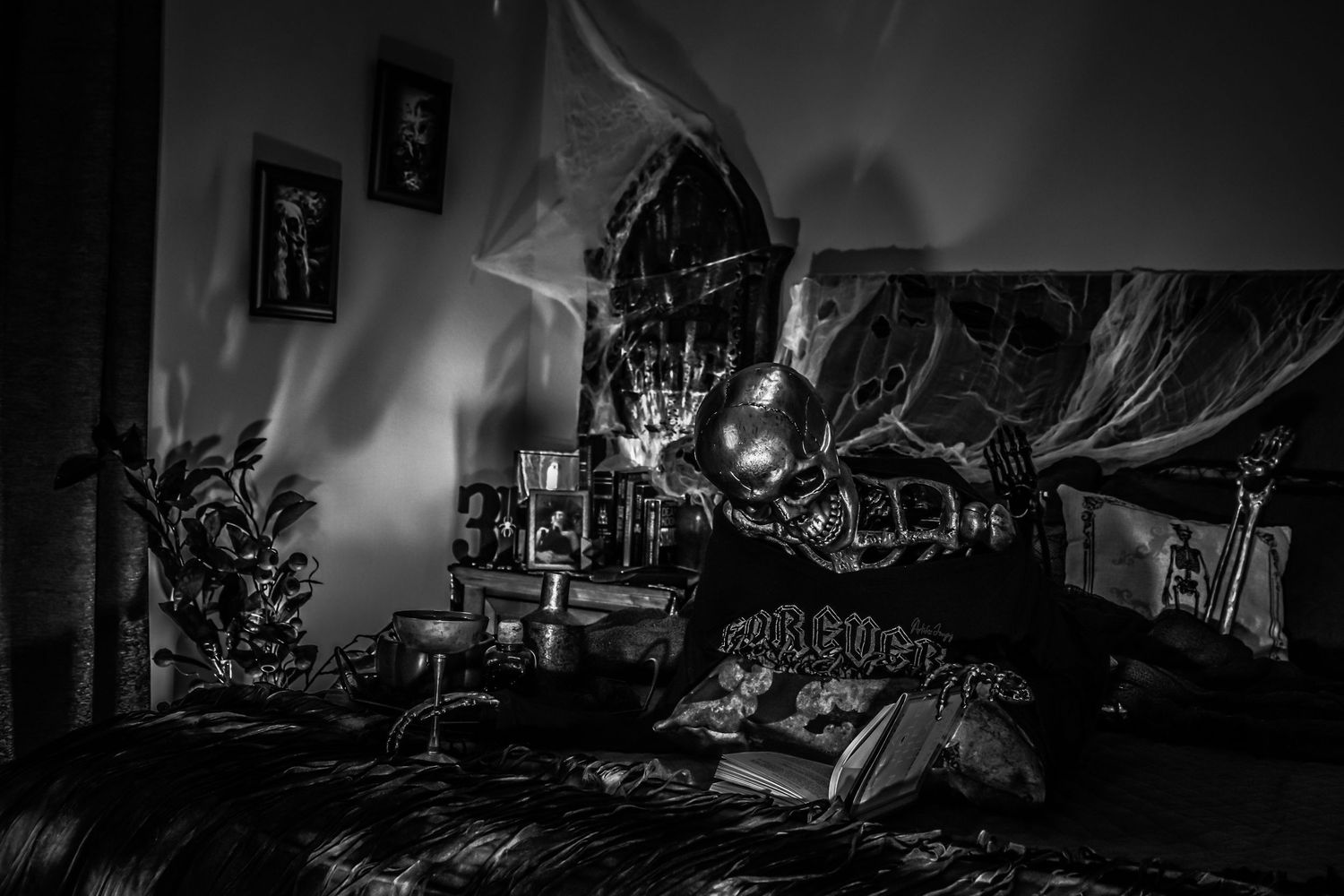 Golden Opportunity series; image featuring a gold skeleton reading in a dark, shadowy room taken by Artifex Imaging in Bakersfield, CA.
