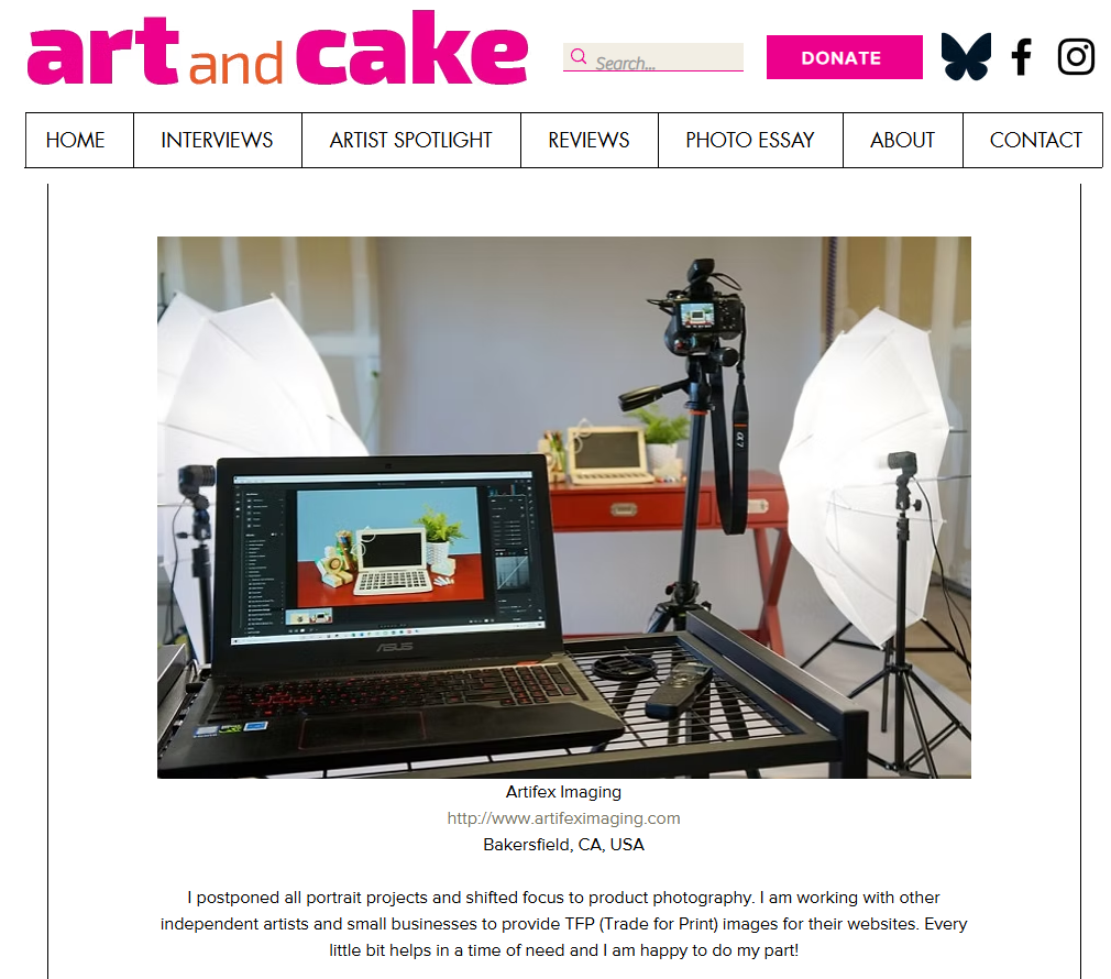 ArtandCake feature with a behind-the-scenes image of creative commercial session aken by Artifex Imaging in Bakersfield, CA.