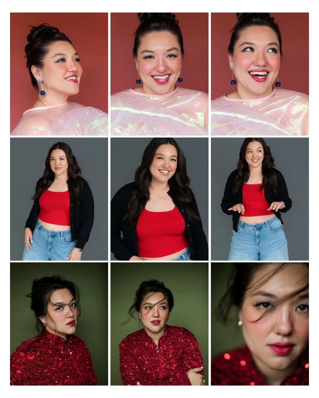 A young woman poses in three outfits: sheer pink top, red crop top with jeans, and red sequin blouse, across nine portrait shots.