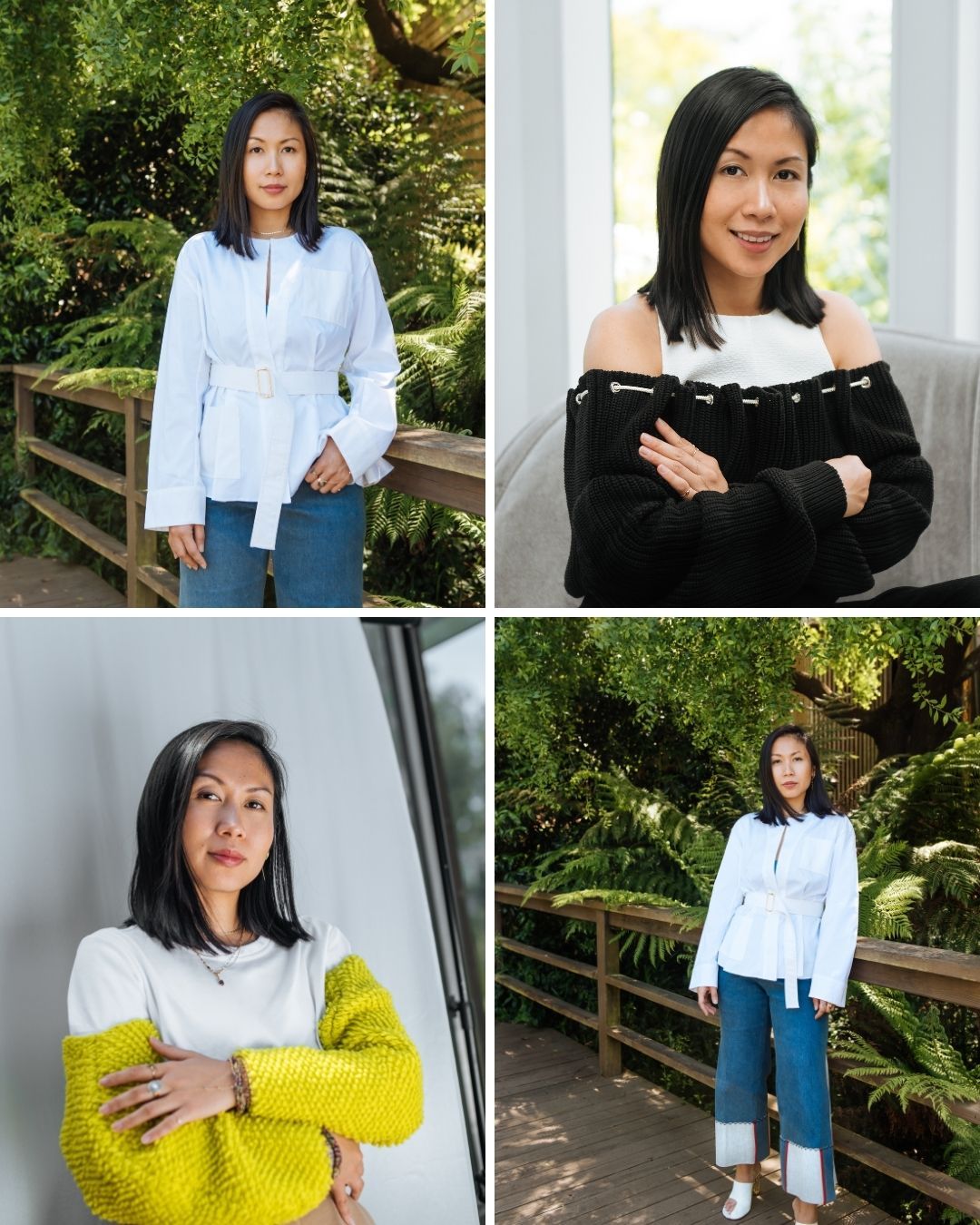 Collage of four portraits of Asian women in stylish outfits posed outdoors and indoors among lush green foliage.