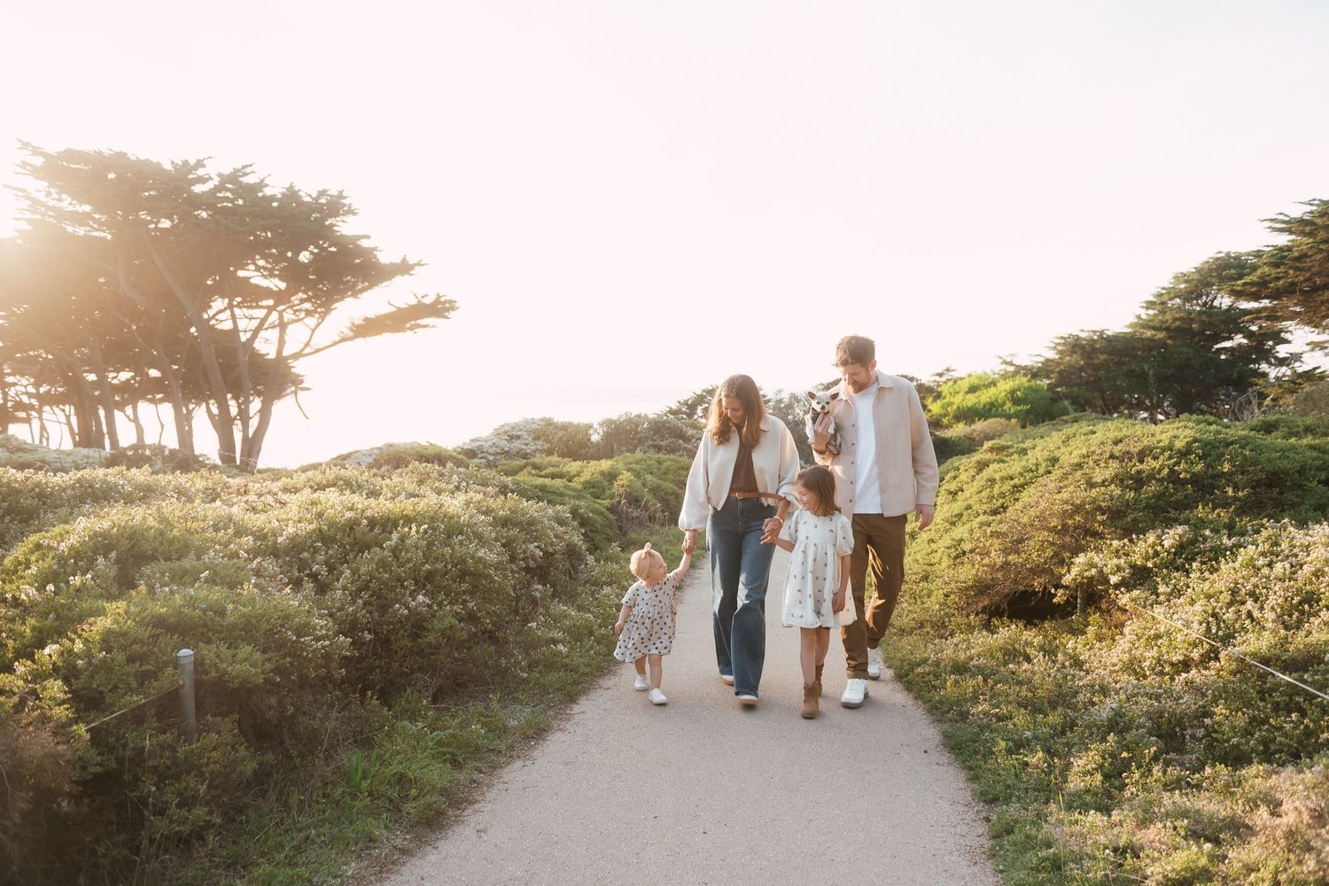 Group walking together along a scenic coastal path during golden hour.