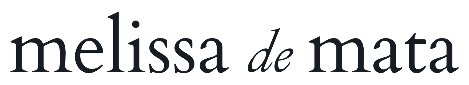 Melissa de Mata elegant serif and italic font logo design in black and white typography.