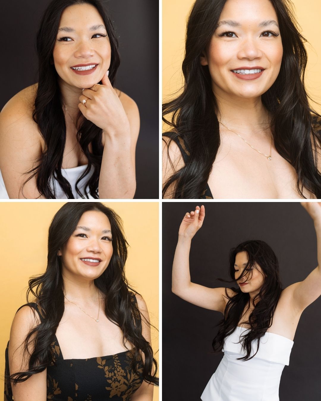 Collage of four professional portraits of a smiling woman with long dark hair in elegant outfits against yellow and dark backgrounds.