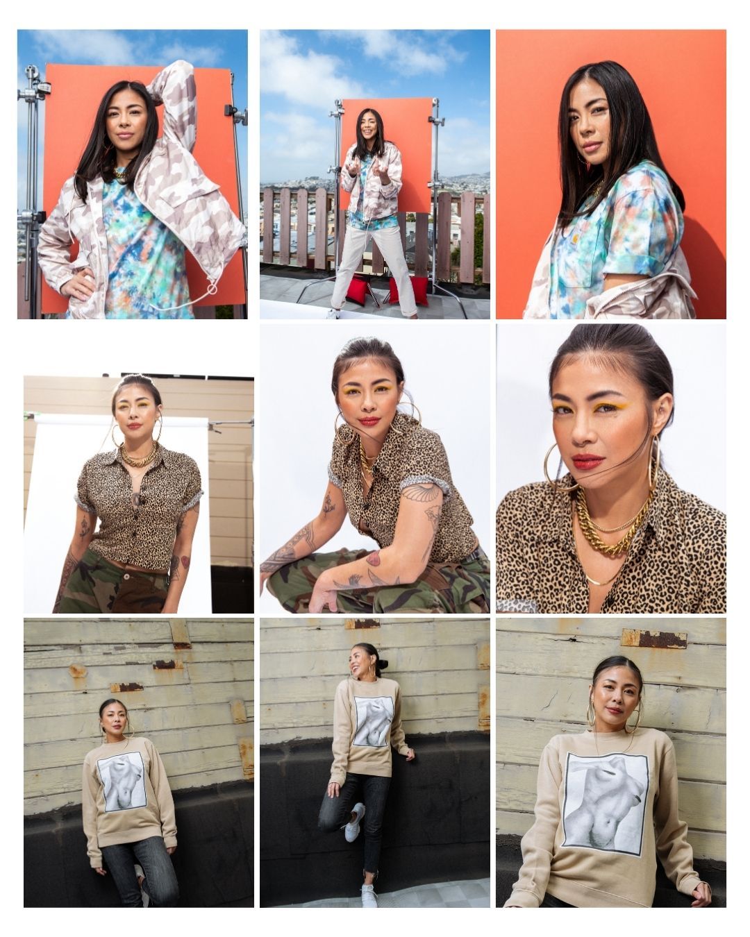 A fashion collage featuring a woman in three stylish outfits: floral raincoat, leopard print shirt, and beige graphic sweatshirt.