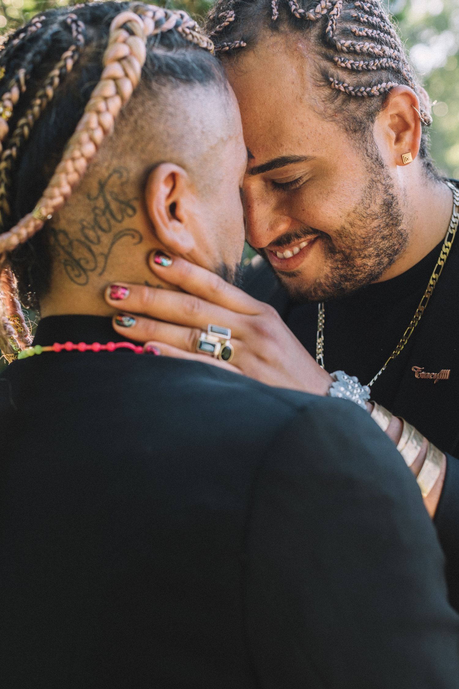 A tender moment captured in a series of intimate photos showing a couple sharing a romantic kiss.