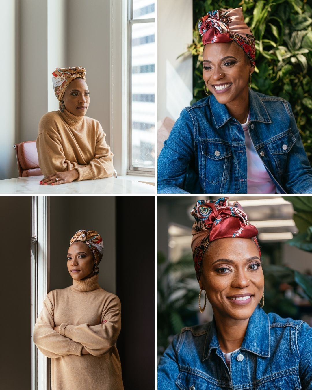 Four portraits of women wearing colorful floral head wraps, styled in casual and denim outfits, smiling confidently indoors.
