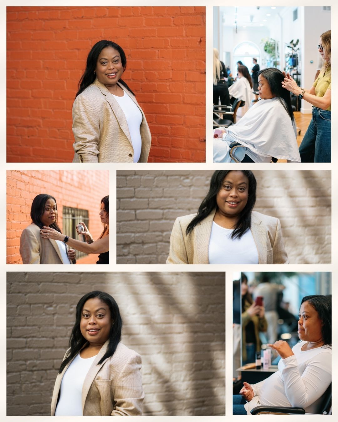 A collage of five photos showing a smiling woman in a beige blazer and white top posing against an orange brick wall and inside a salon.