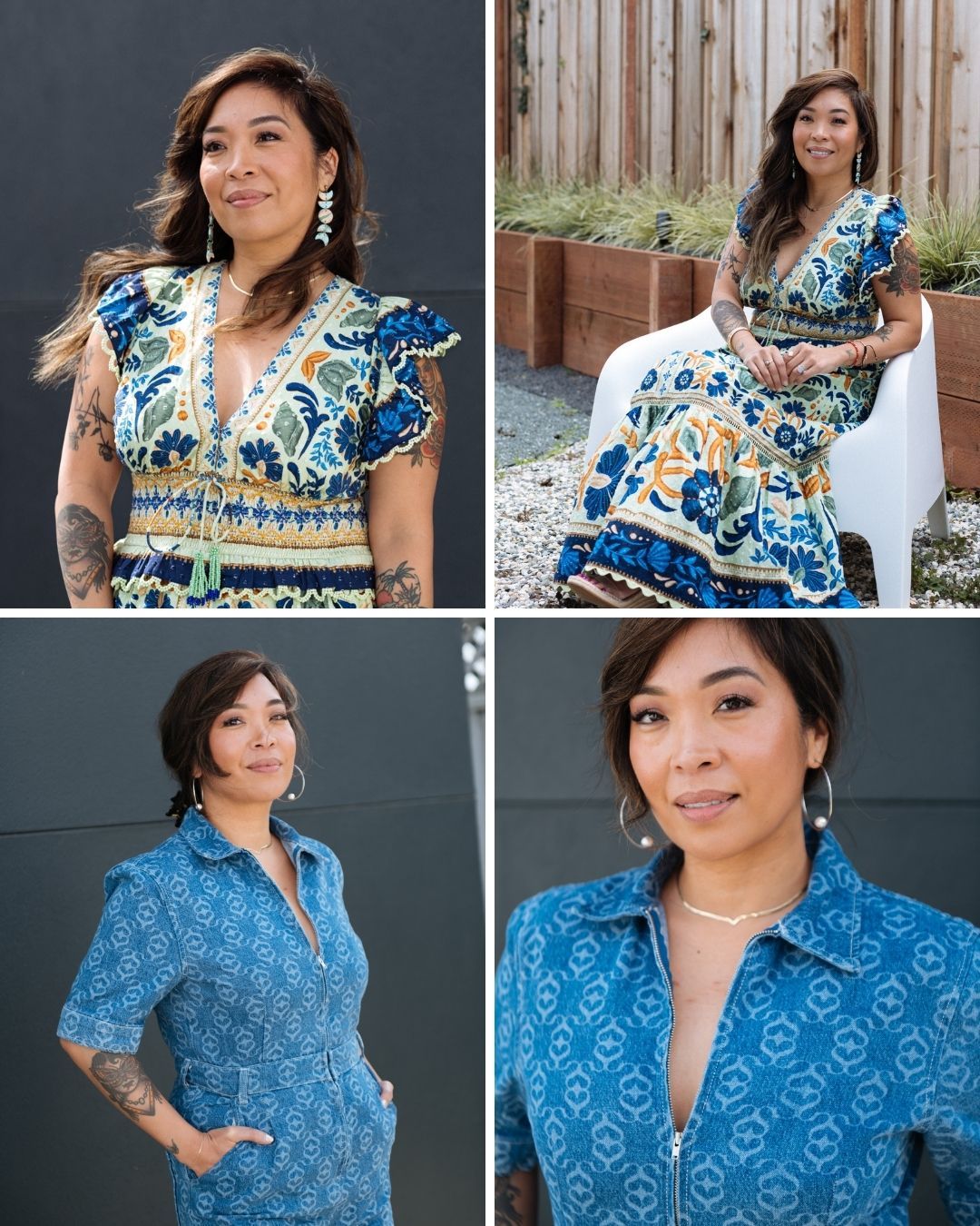 Woman in floral blue dress poses outdoors; second look features a blue zip-up patterned romper with hoop earrings.