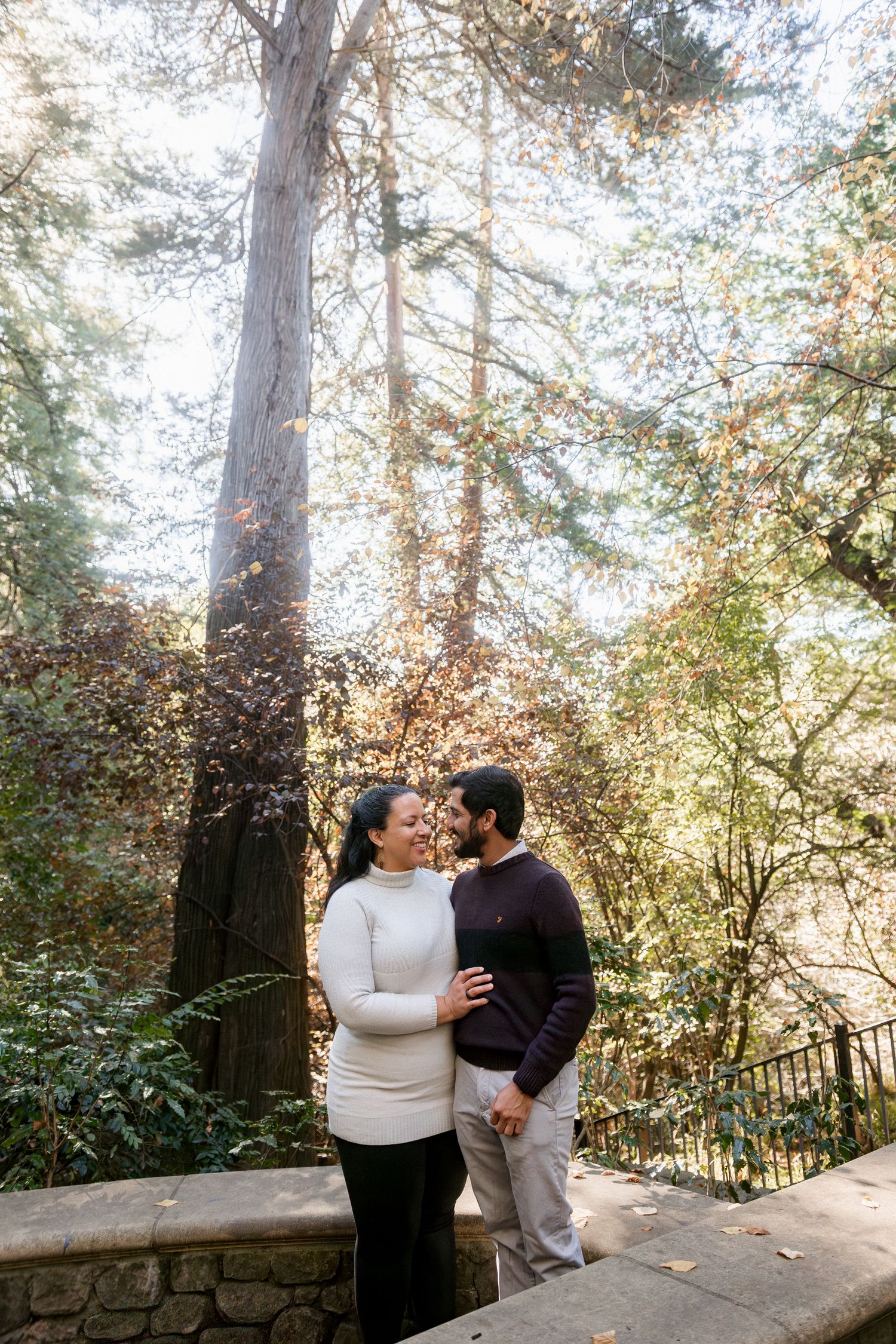 Couple sharing a romantic moment among tall redwood trees in a sunlit forest setting.