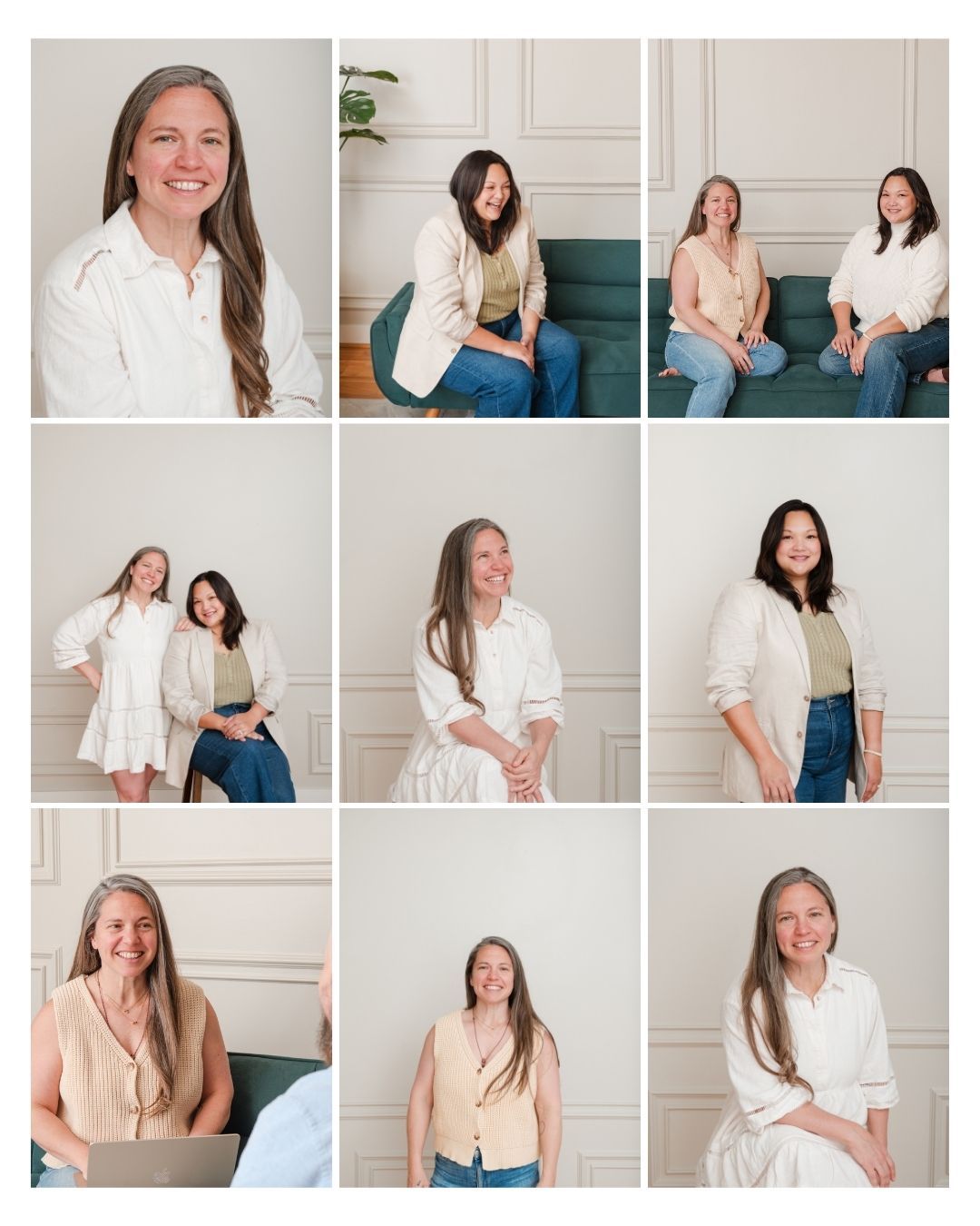 A collage of professional headshots featuring women in casual business attire posing in a bright, modern studio setting.
